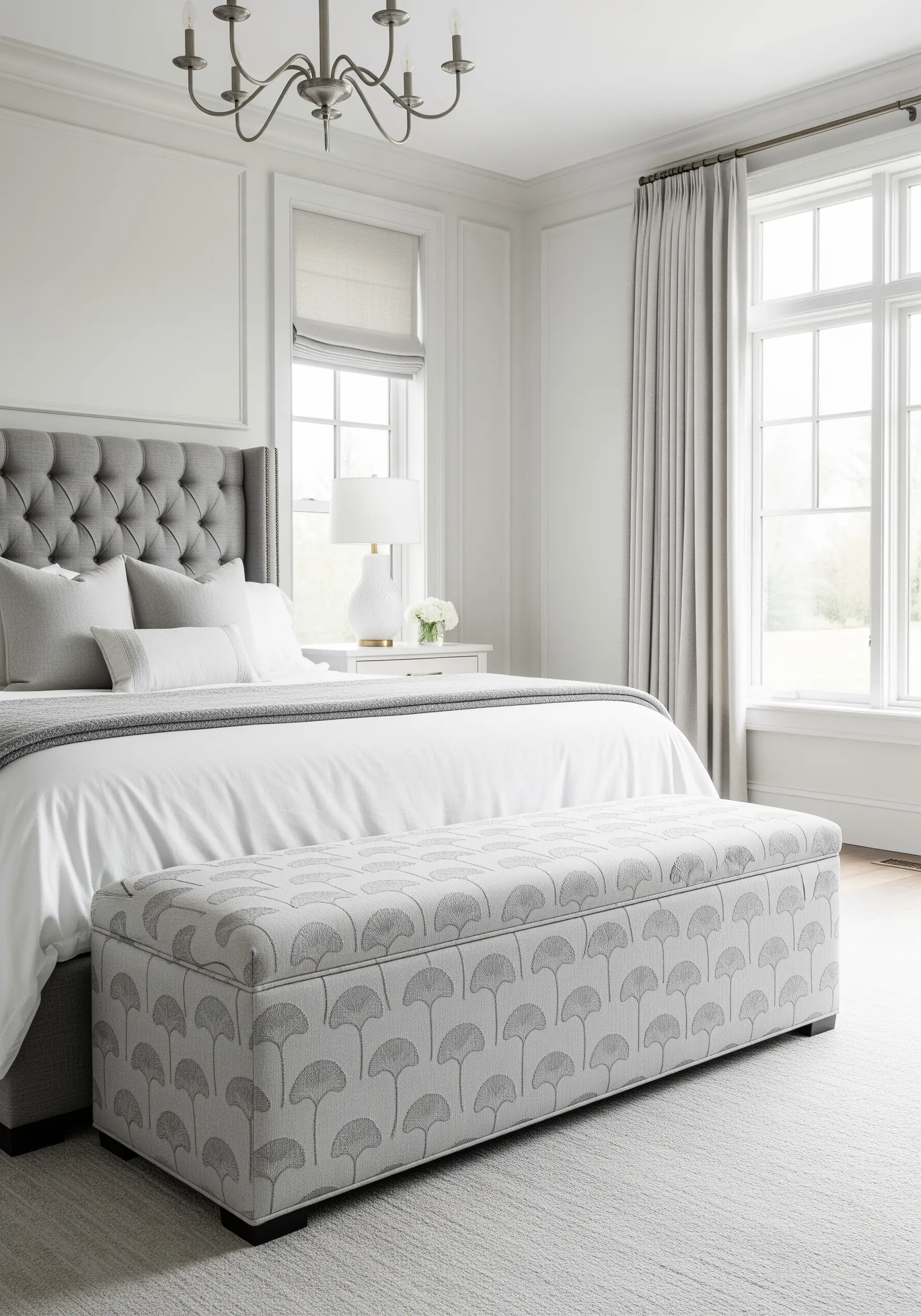A grey upholstered storage bench at the foot of a bed, featuring a repeating embroidered fan or ginkgo pattern.