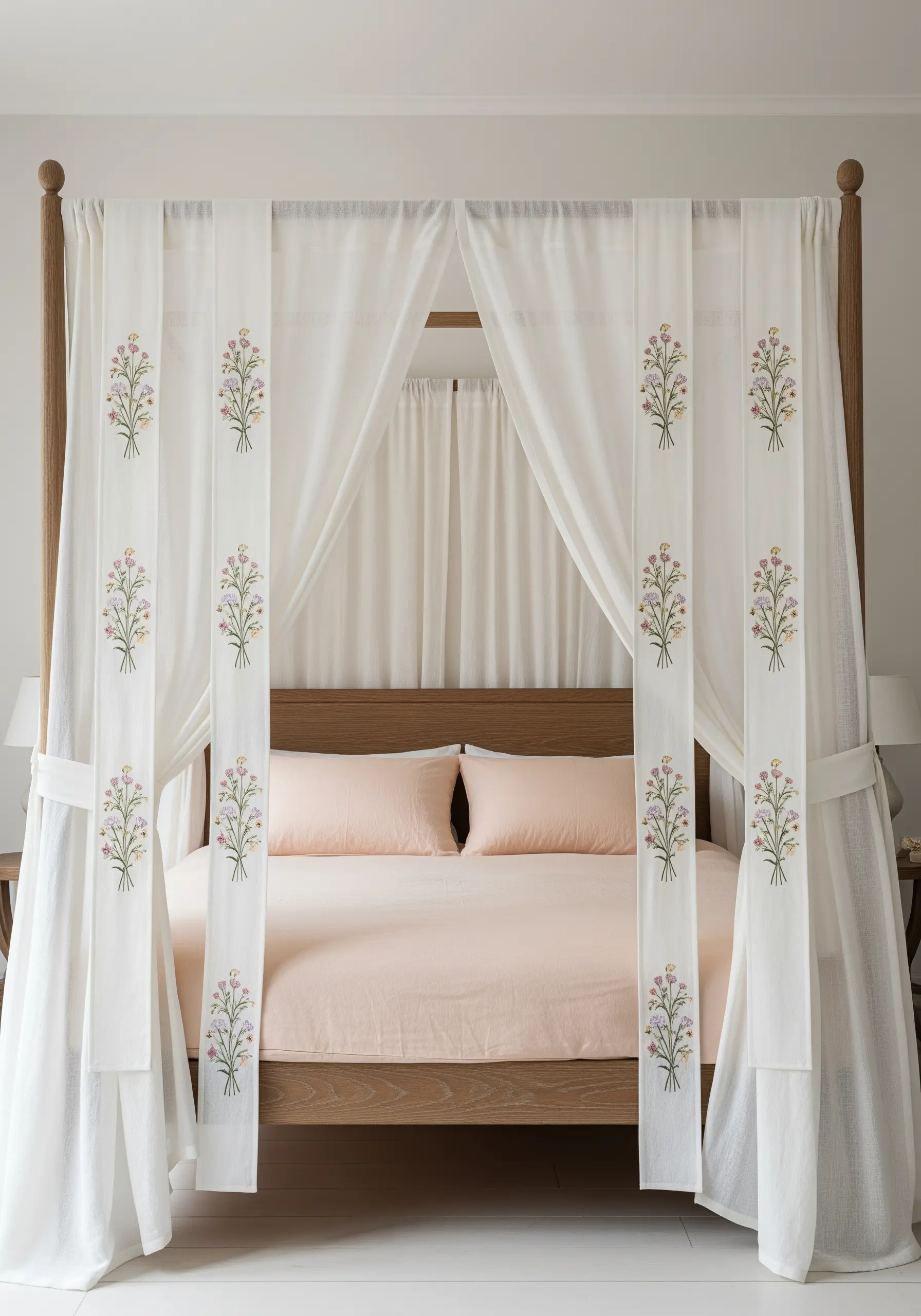 A four-poster bed with white curtains featuring symmetrical embroidered floral bouquets.