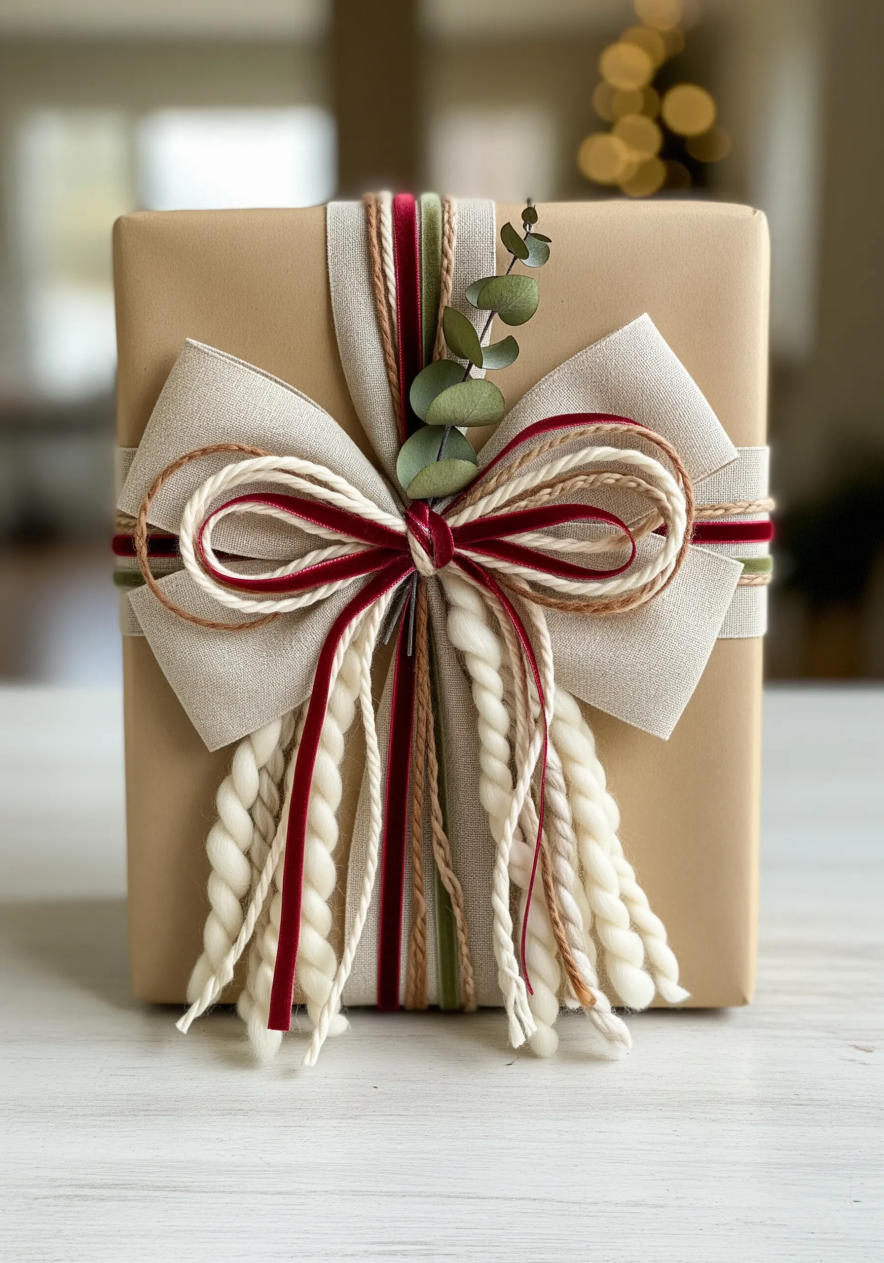 A beautifully wrapped gift adorned with layered ribbons, twine, and chunky yarn braids.