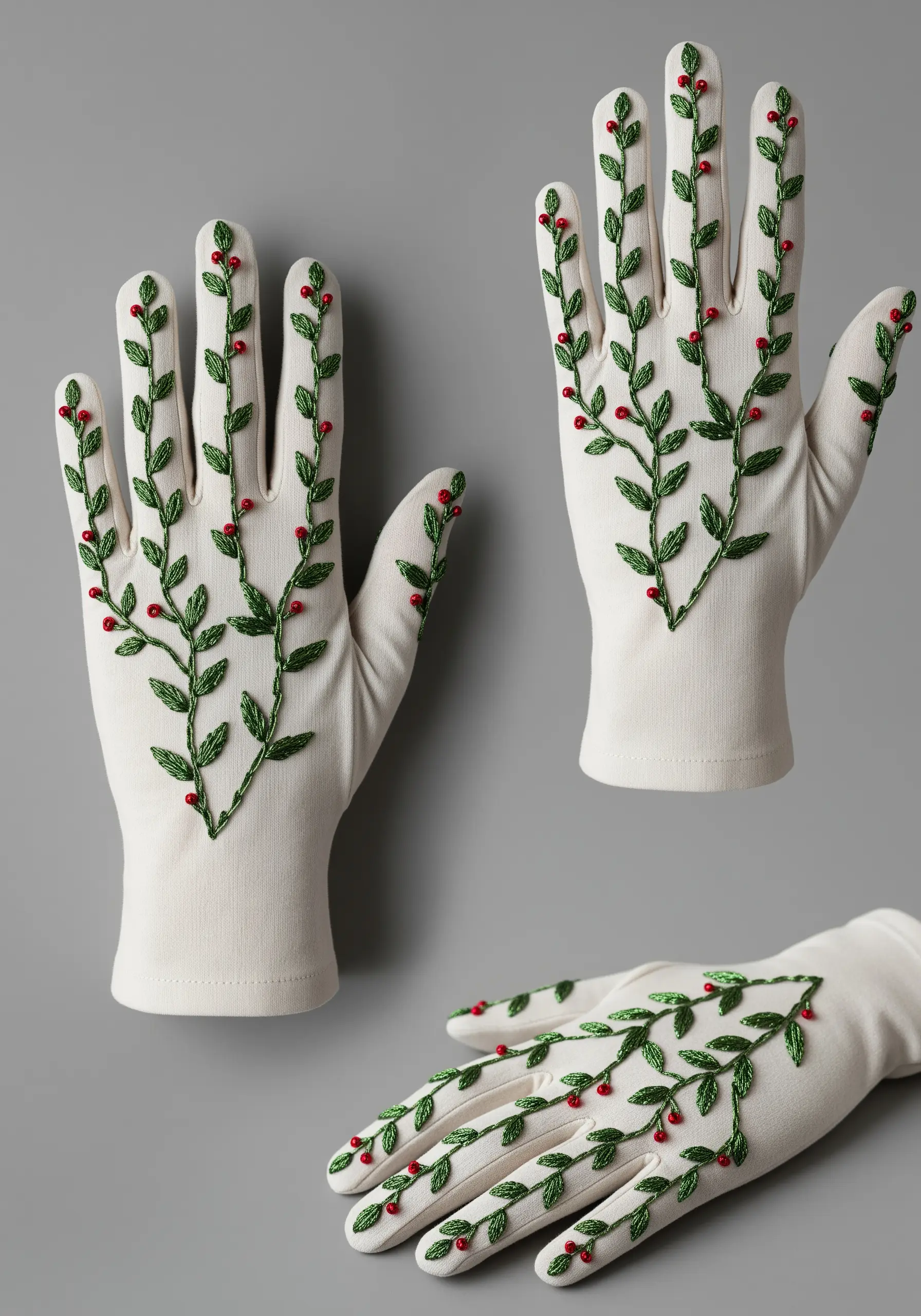 White gloves embellished with embroidered green vines and tiny red berries.