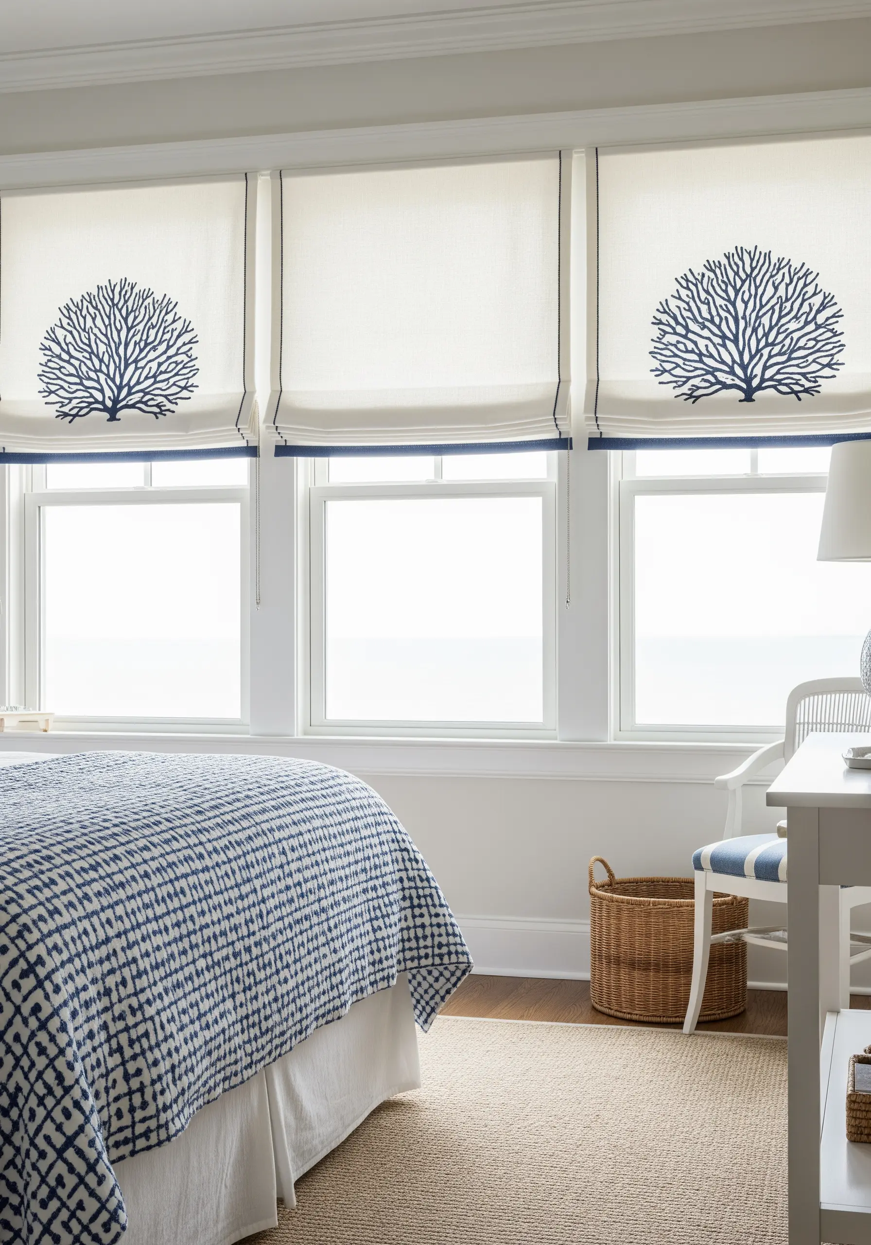Three white Roman blinds, each featuring a single, bold blue embroidered coral motif.