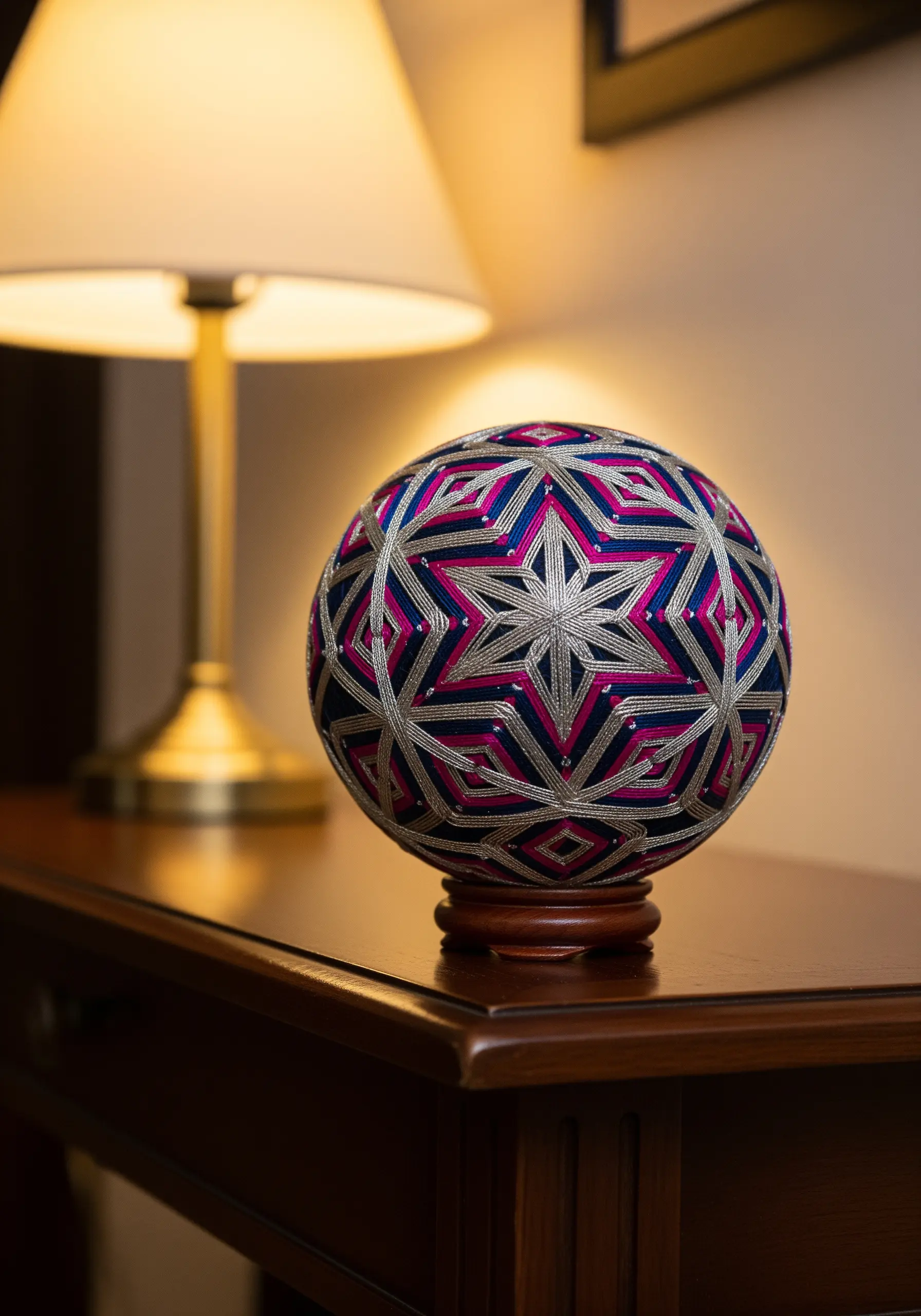 Complex Temari ball with pink and blue star pattern
