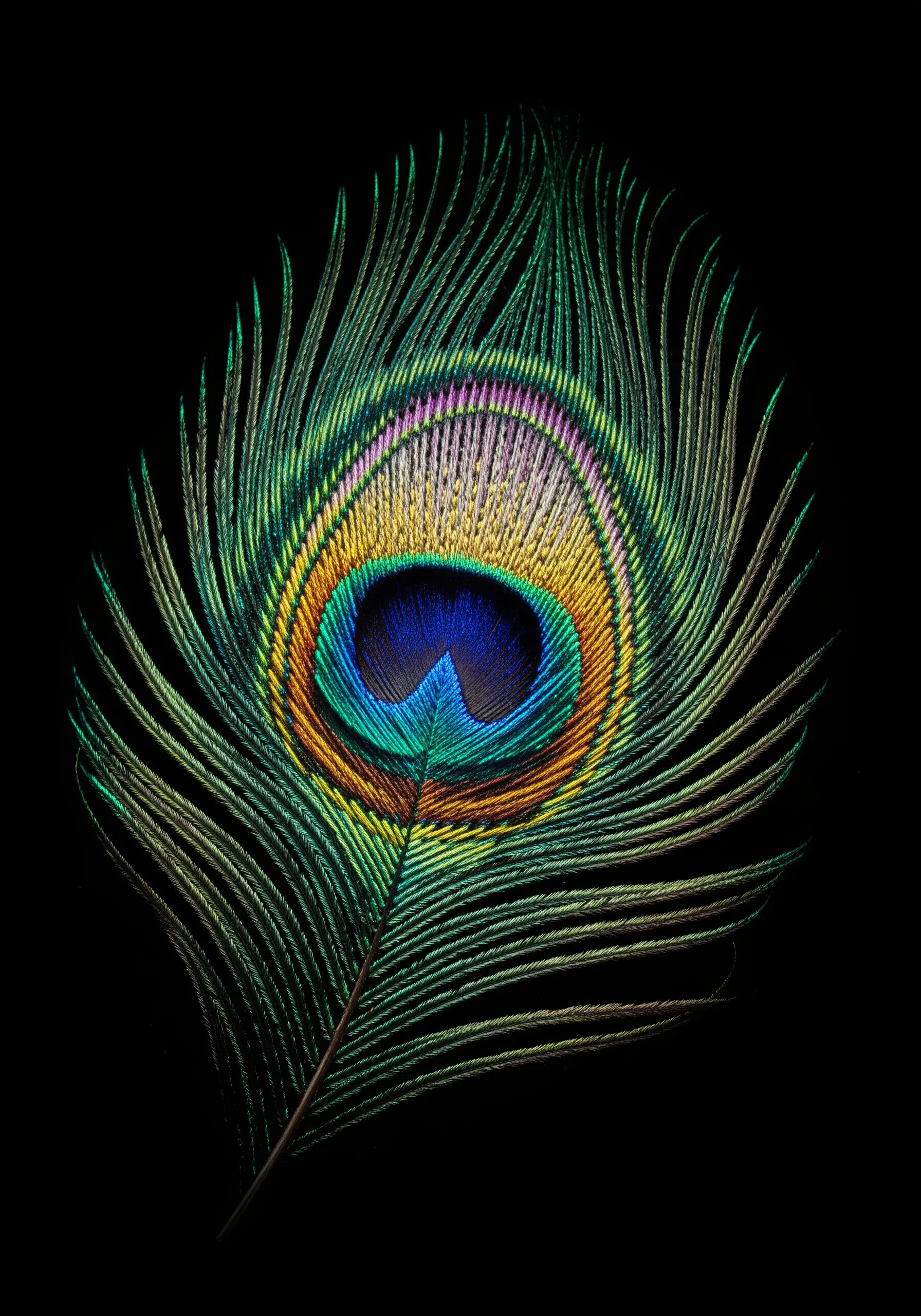 A highly detailed, realistic embroidered peacock feather showcasing advanced thread painting.