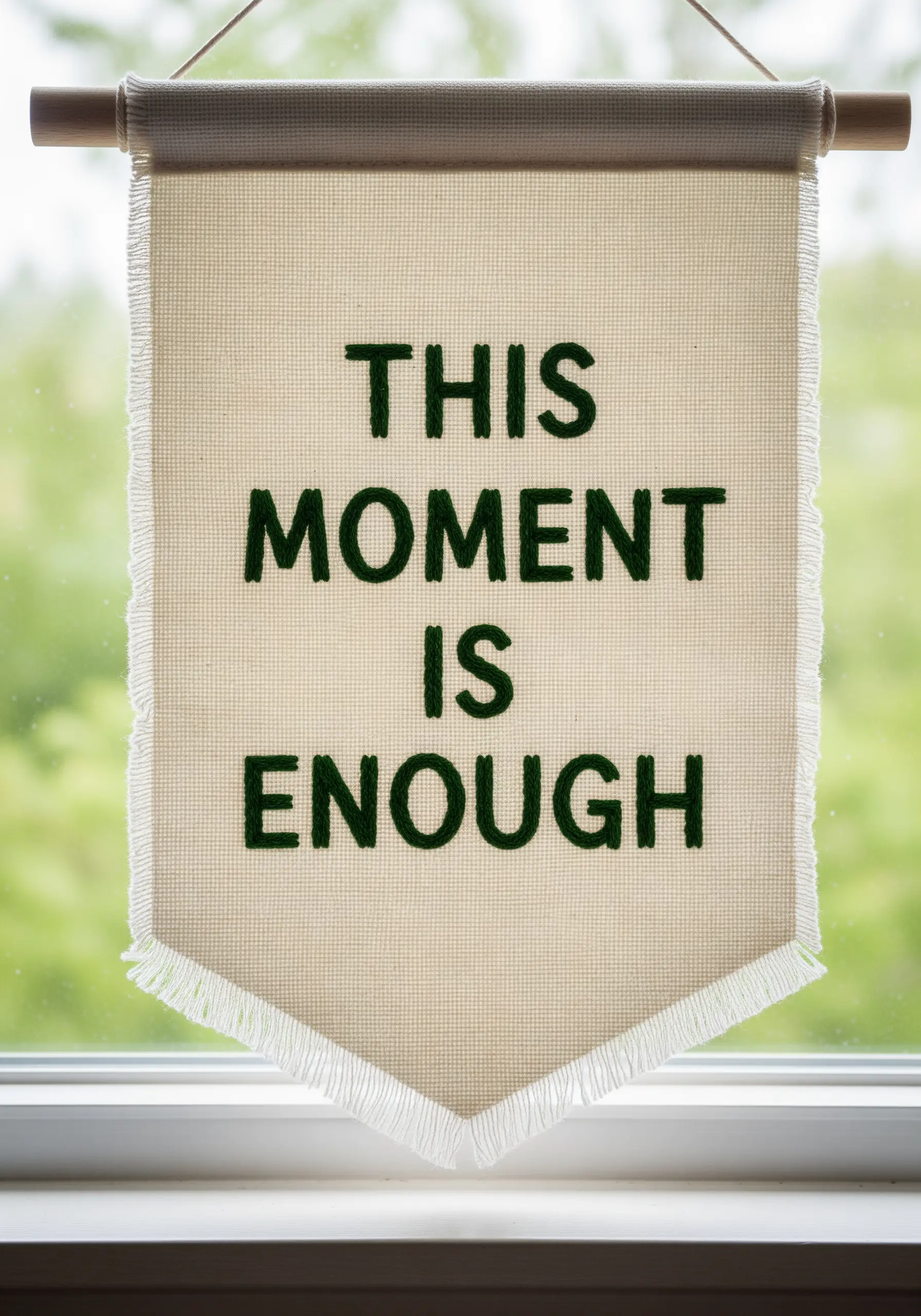 A canvas wall banner with the affirmation 'This Moment Is Enough' in textured green lettering.