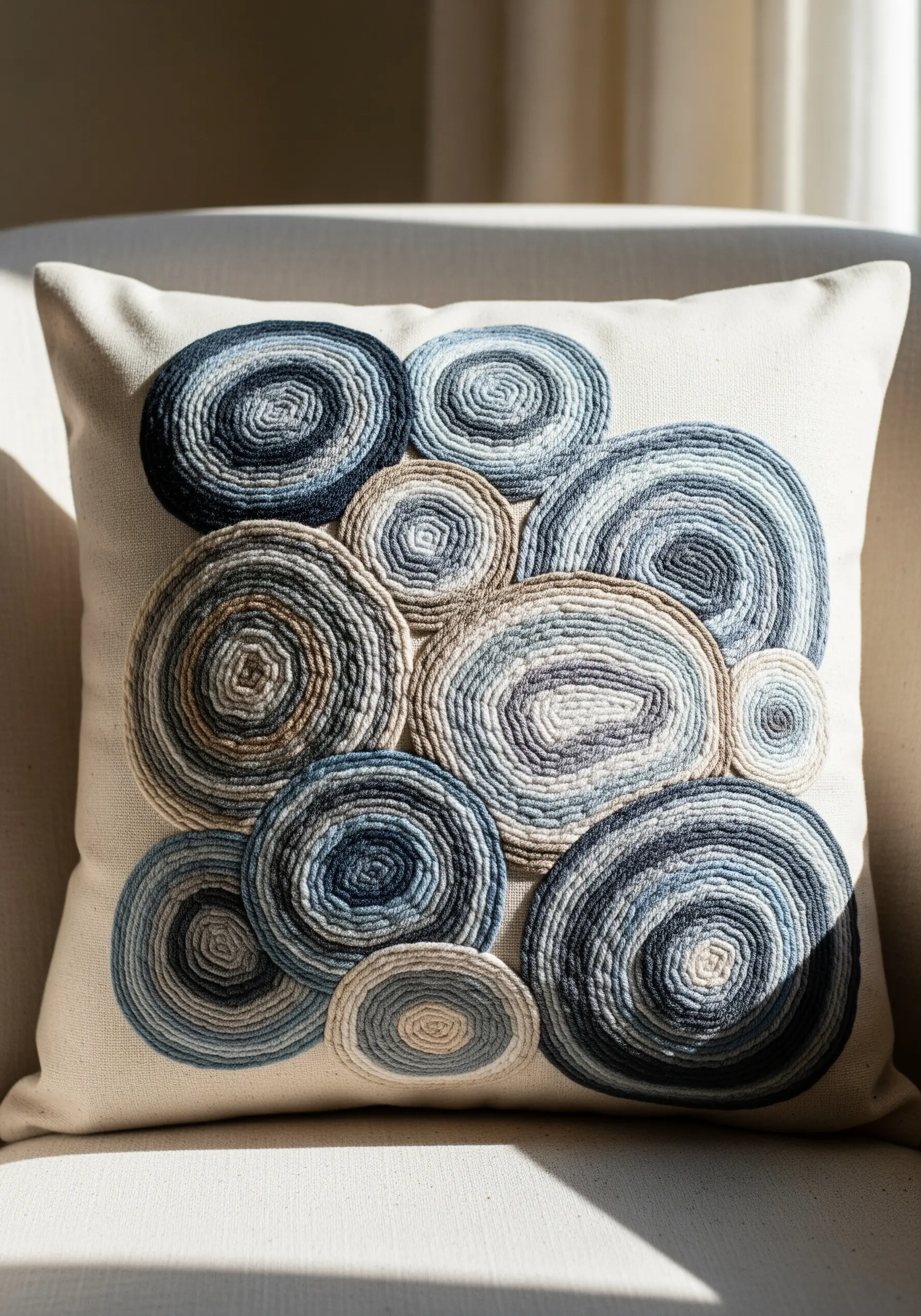 Cushion with overlapping coiled yarn circles in shades of blue, beige, and gray, resembling agate.