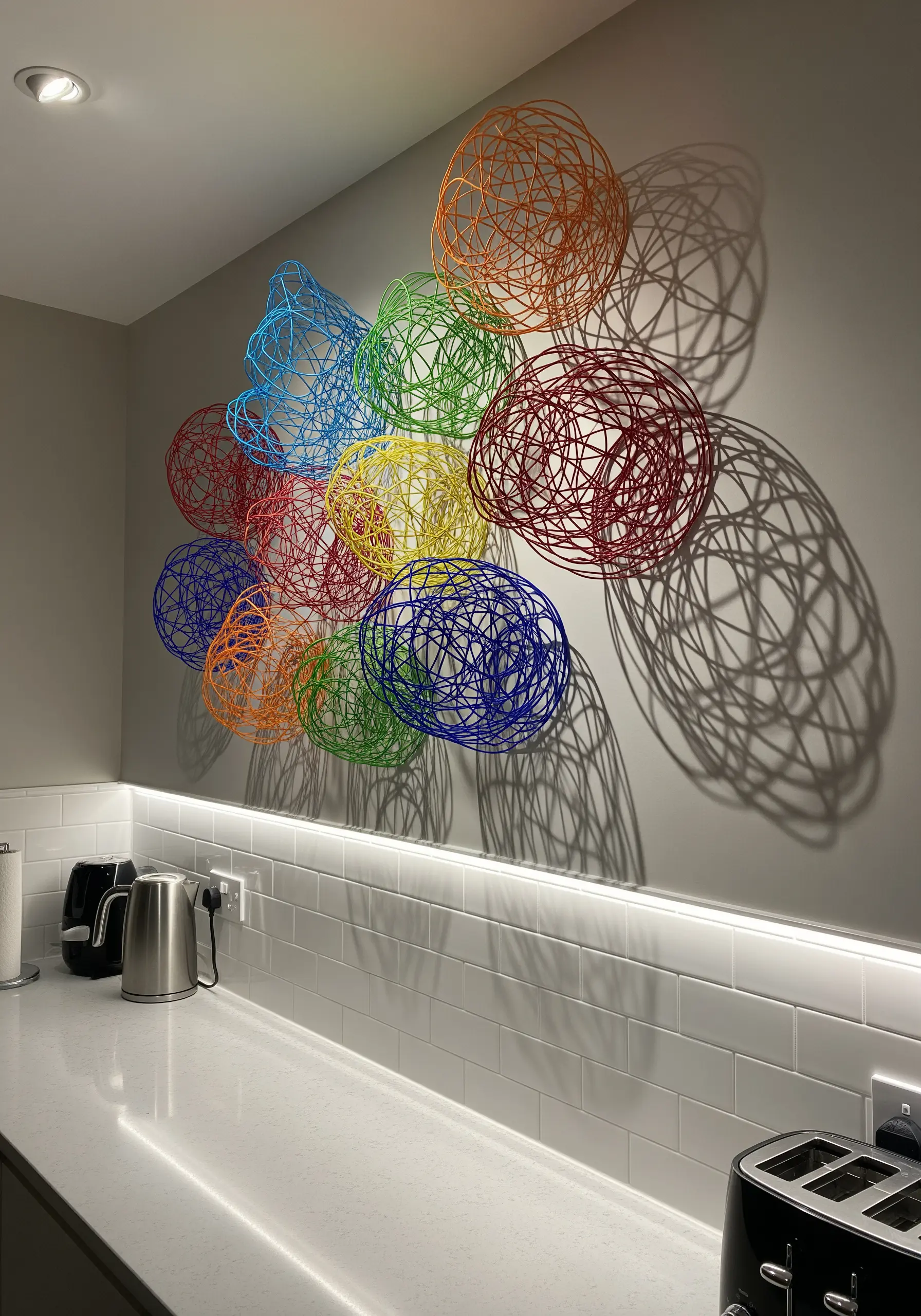 A cluster of colorful, hollow spheres made of hardened thread, casting intersecting shadows.