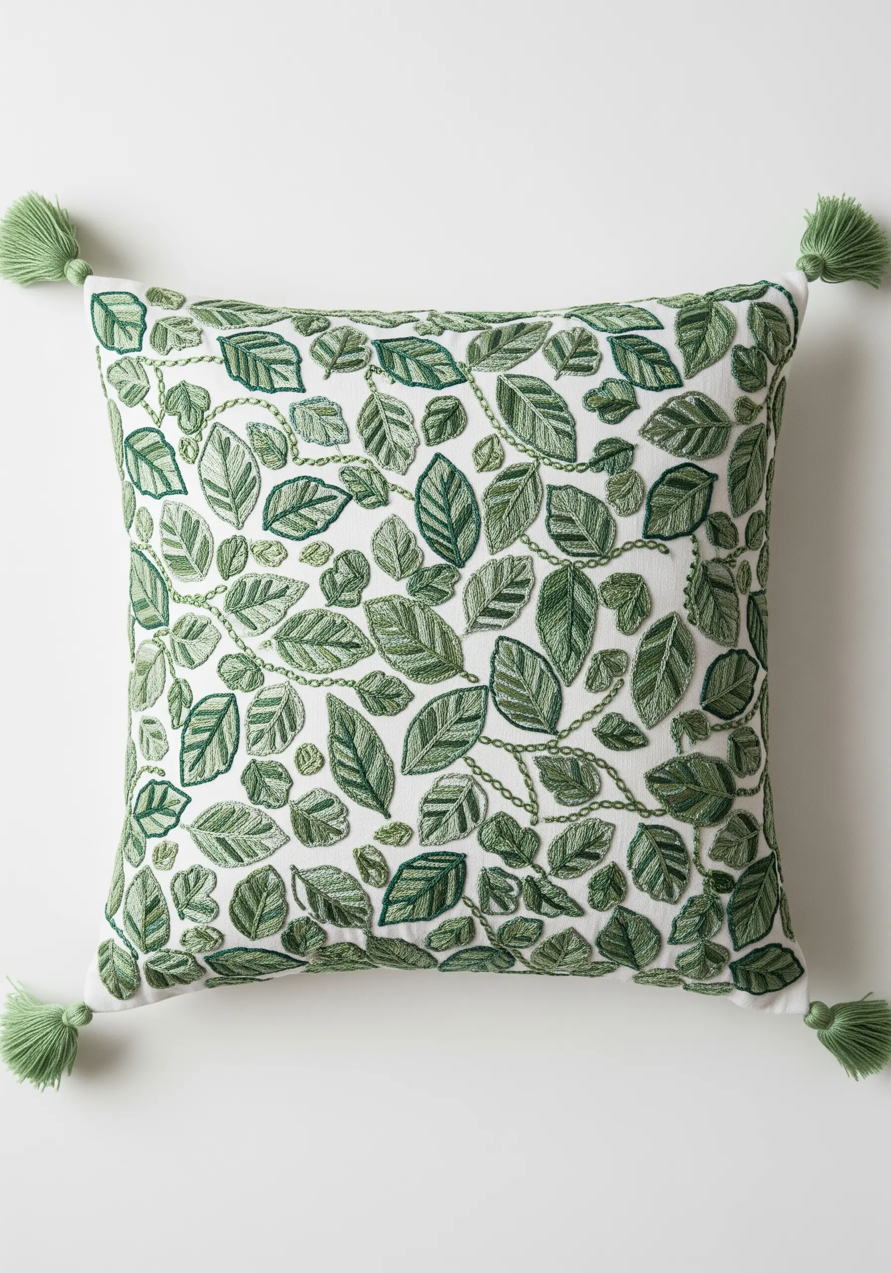 A pillow covered in an all-over pattern of embroidered green leaves in various styles.