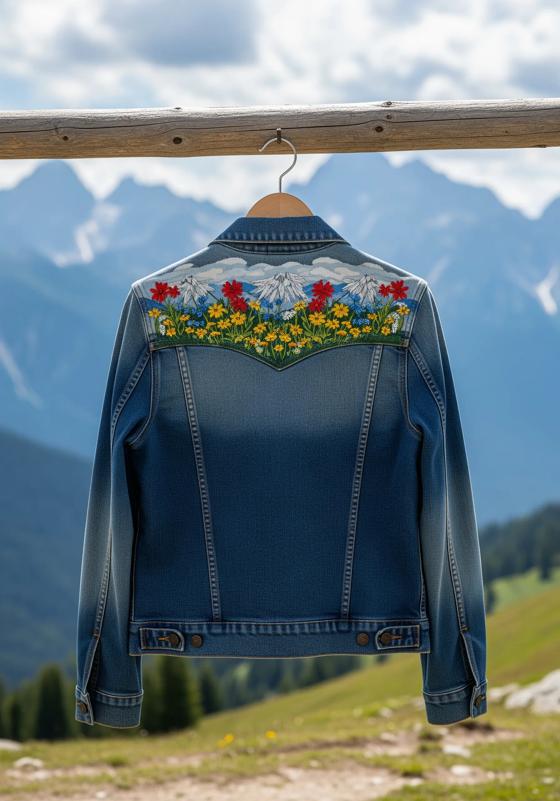 An embroidered mountain range and wildflower field on the yoke of a denim jacket.