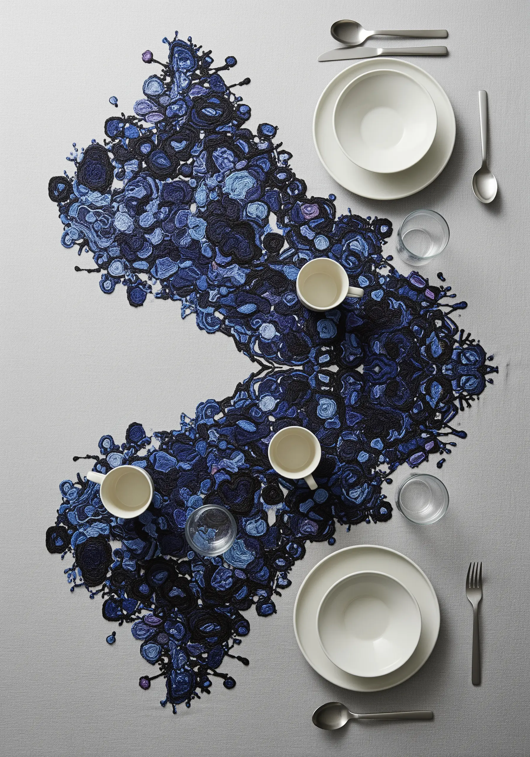 Abstract table runner with a dense texture of blue and purple French knots