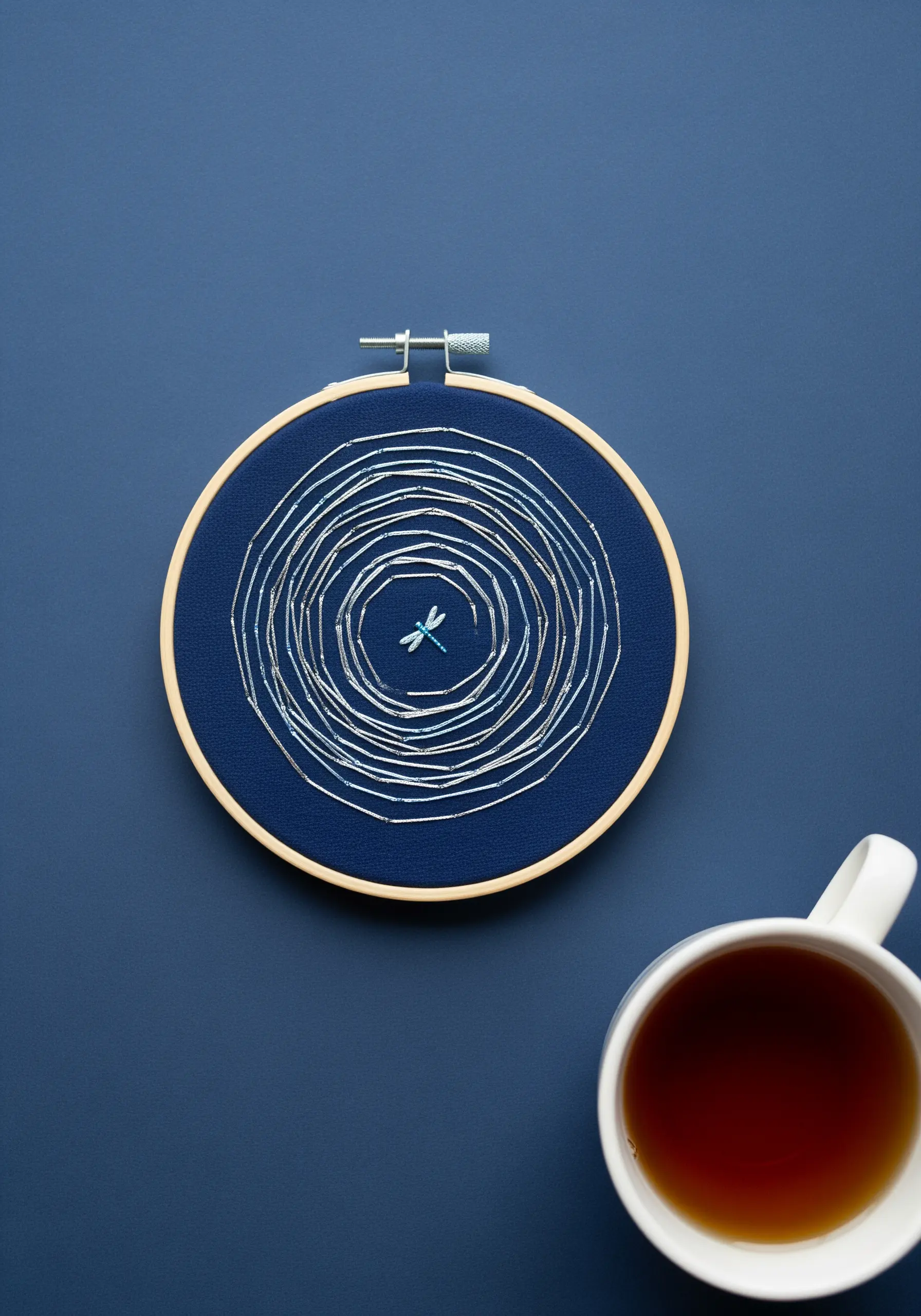 A small blue dragonfly at the center of a spiral made of silver bugle beads.