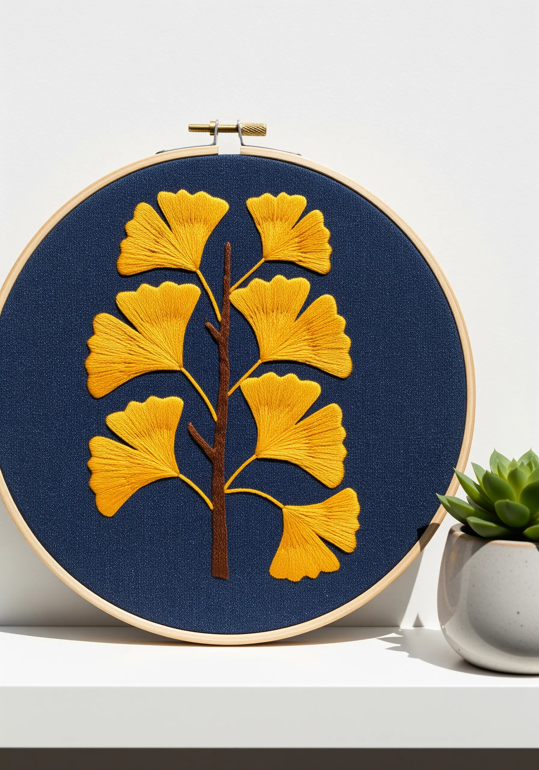 Vibrant yellow ginkgo leaves stitched with satin stitch on a dark navy blue fabric background.