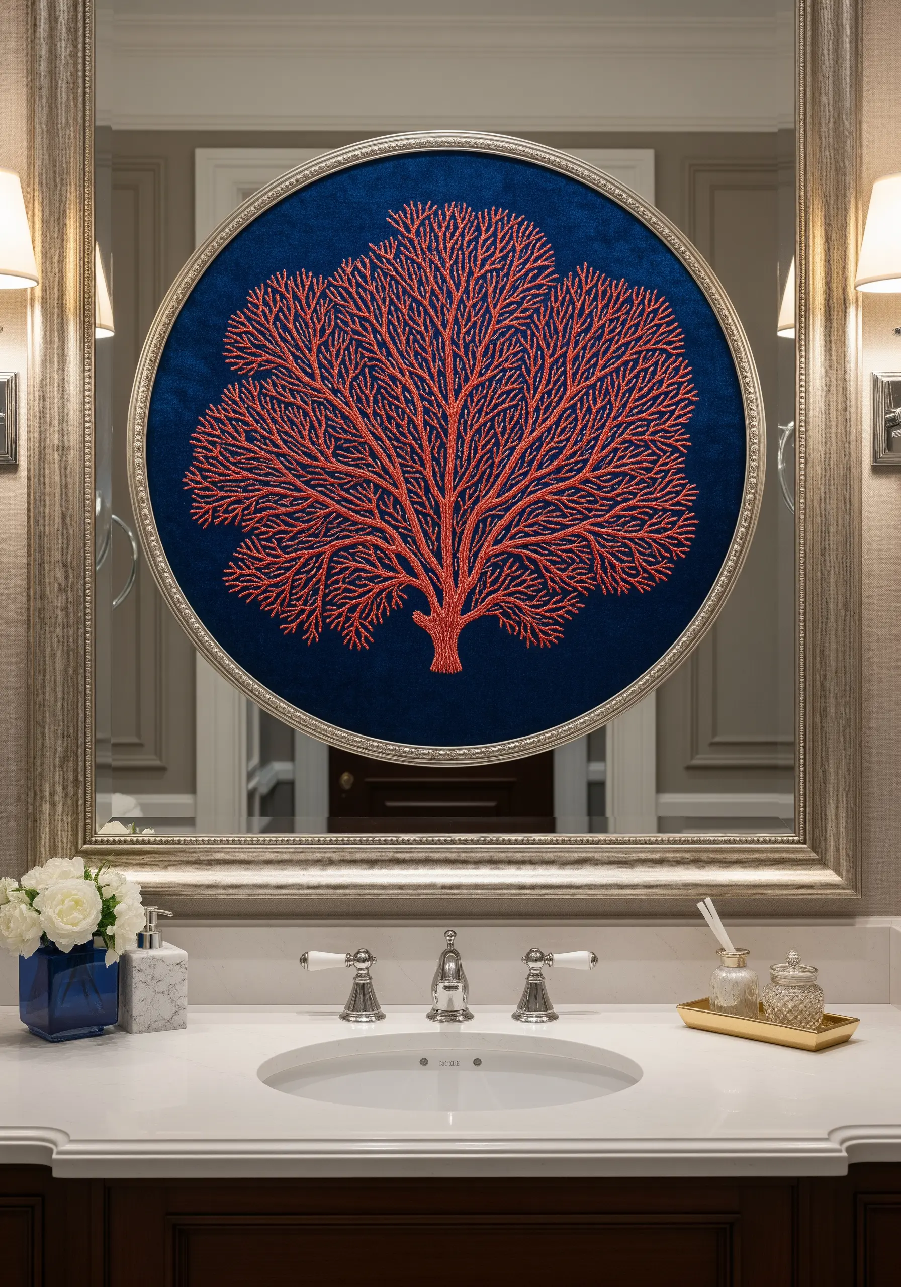 Vibrant red coral embroidered on a round navy velvet background.