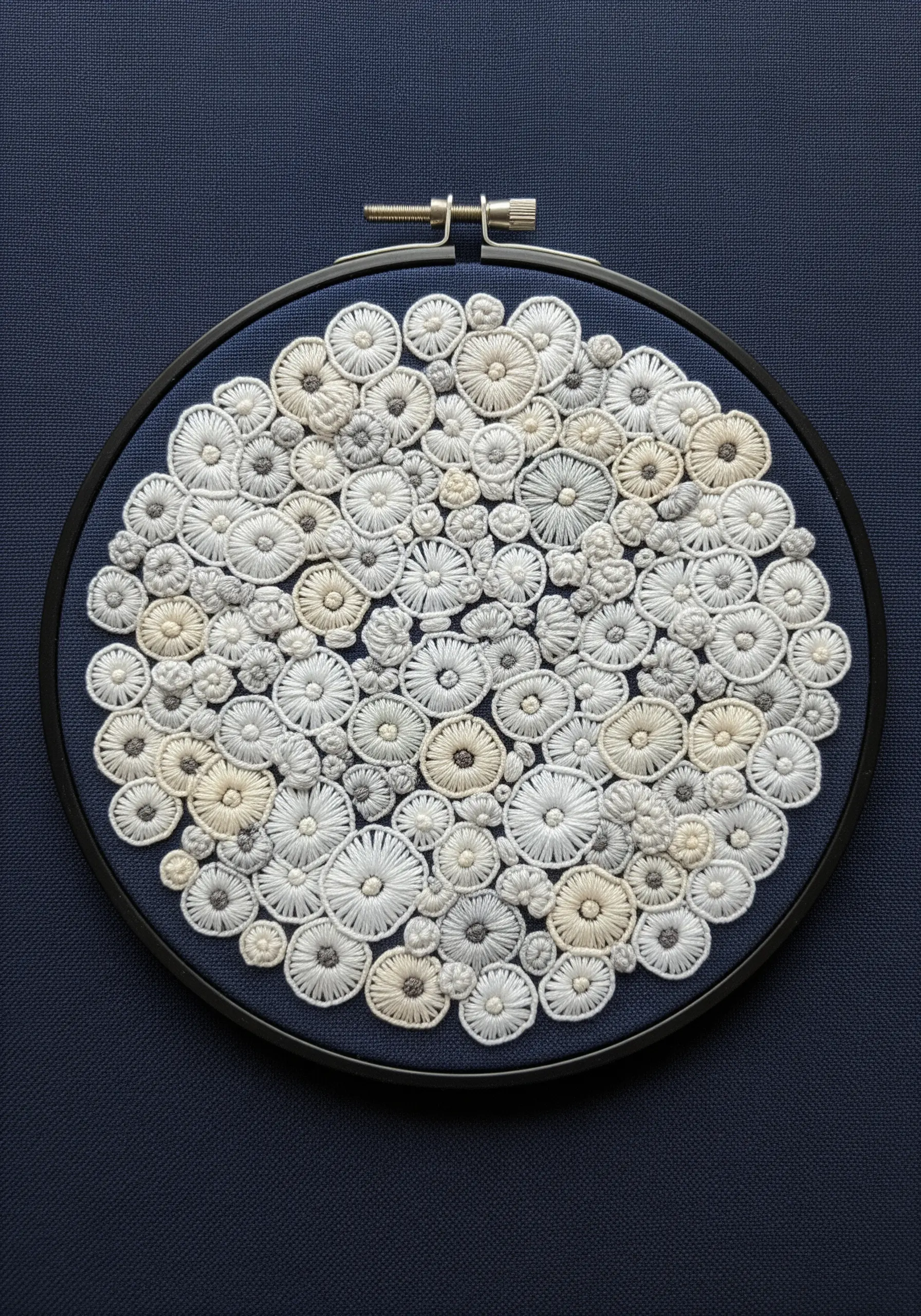 An abstract hydrangea composed of various-sized woven wheel stitches in white and grey.
