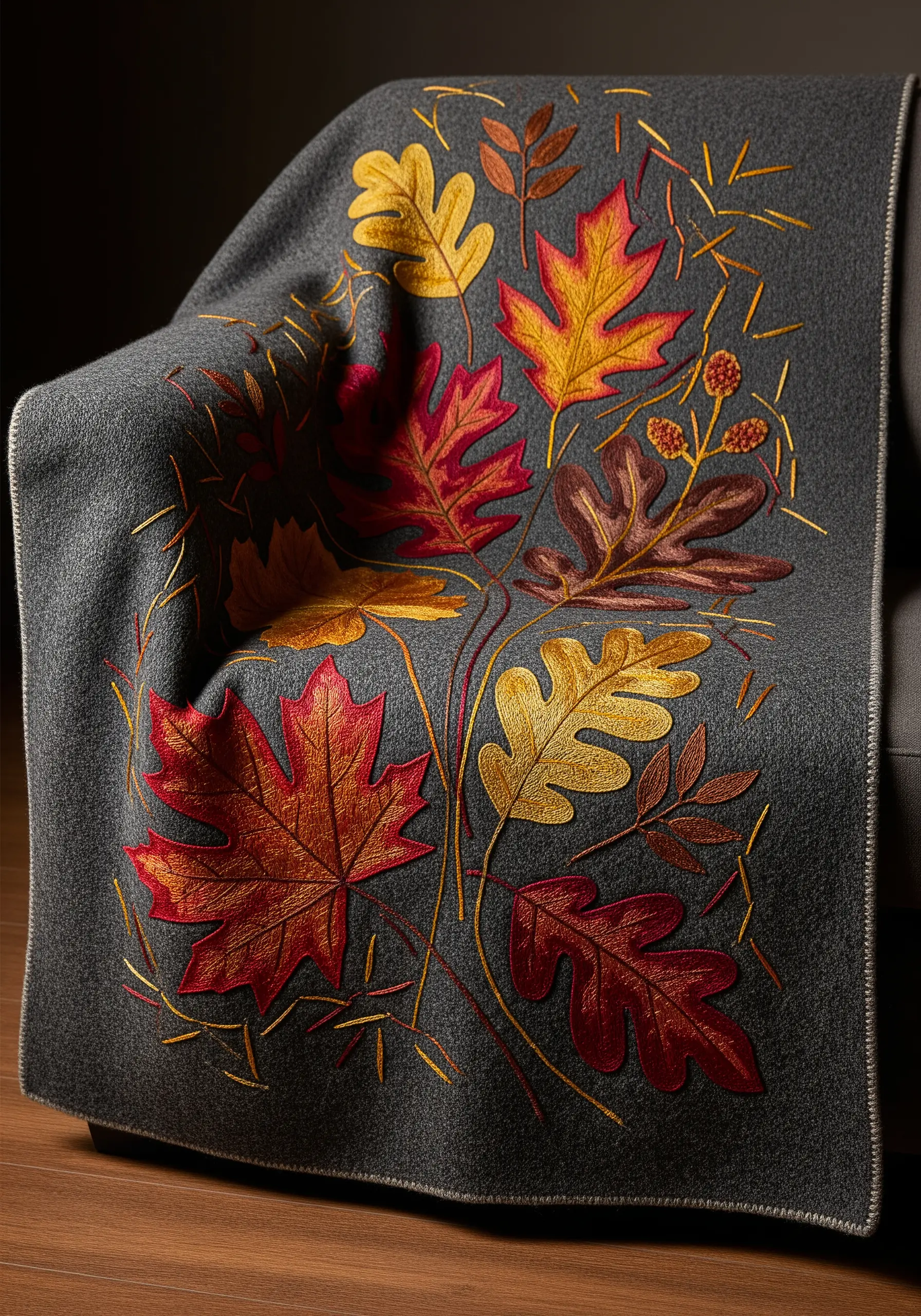 A dark gray wool blanket decorated with richly colored embroidered autumn leaves.