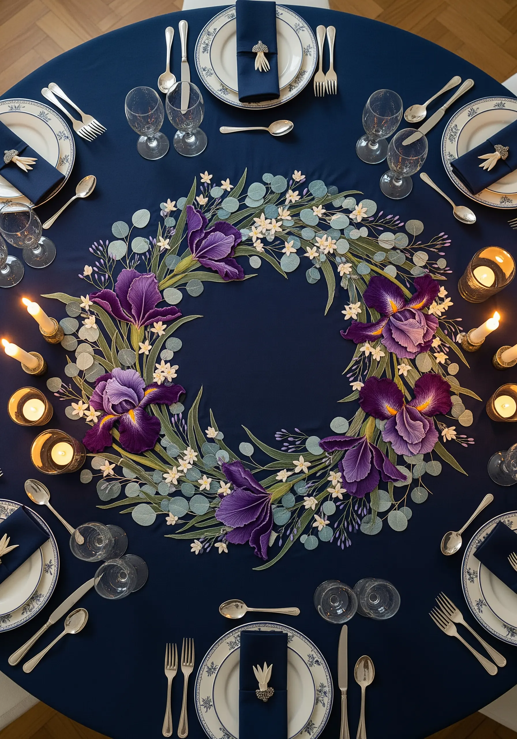 A large embroidered wreath of purple irises and eucalyptus on a navy tablecloth.