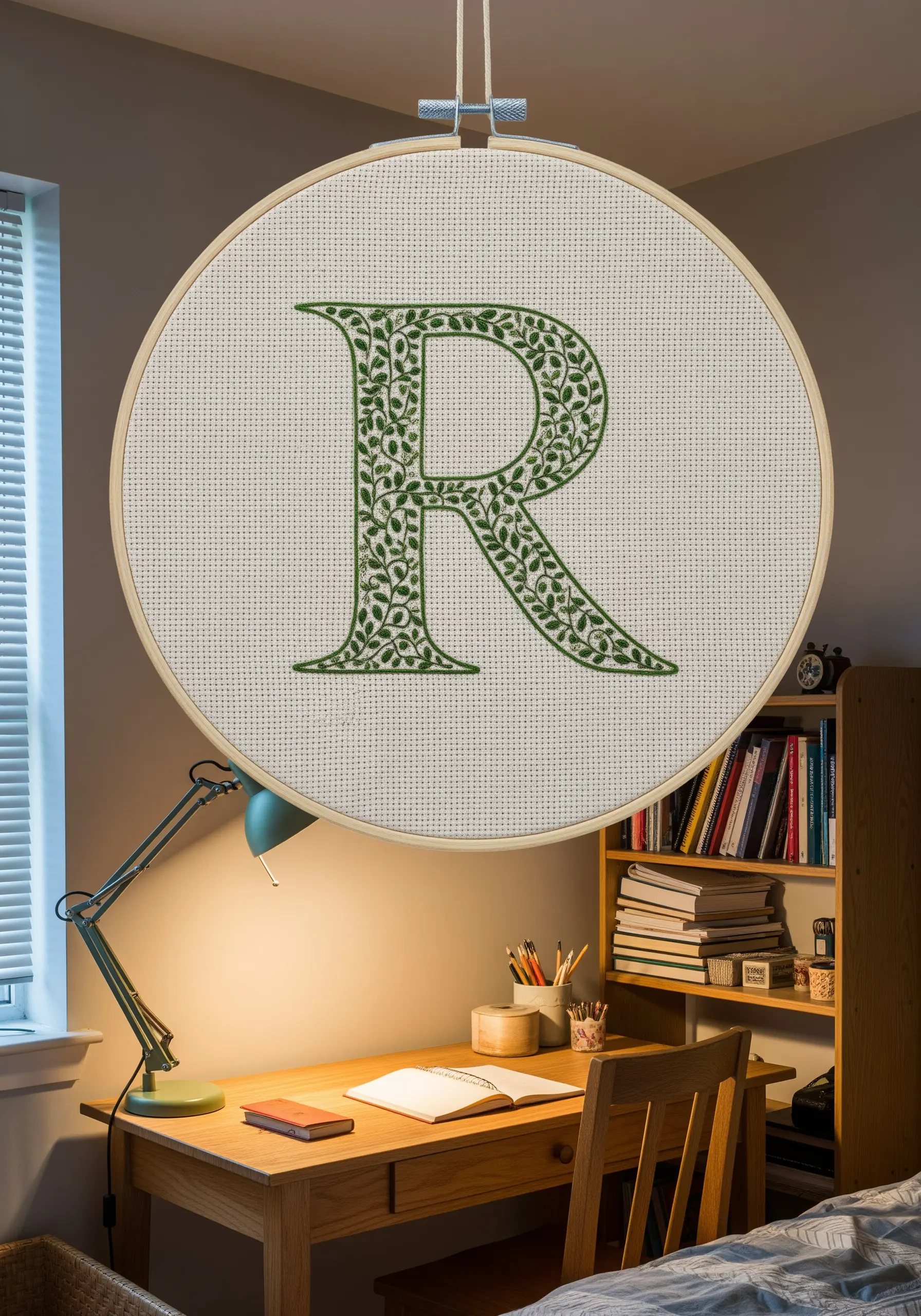 Letter 'R' filled with intricate green vine and leaf embroidery.
