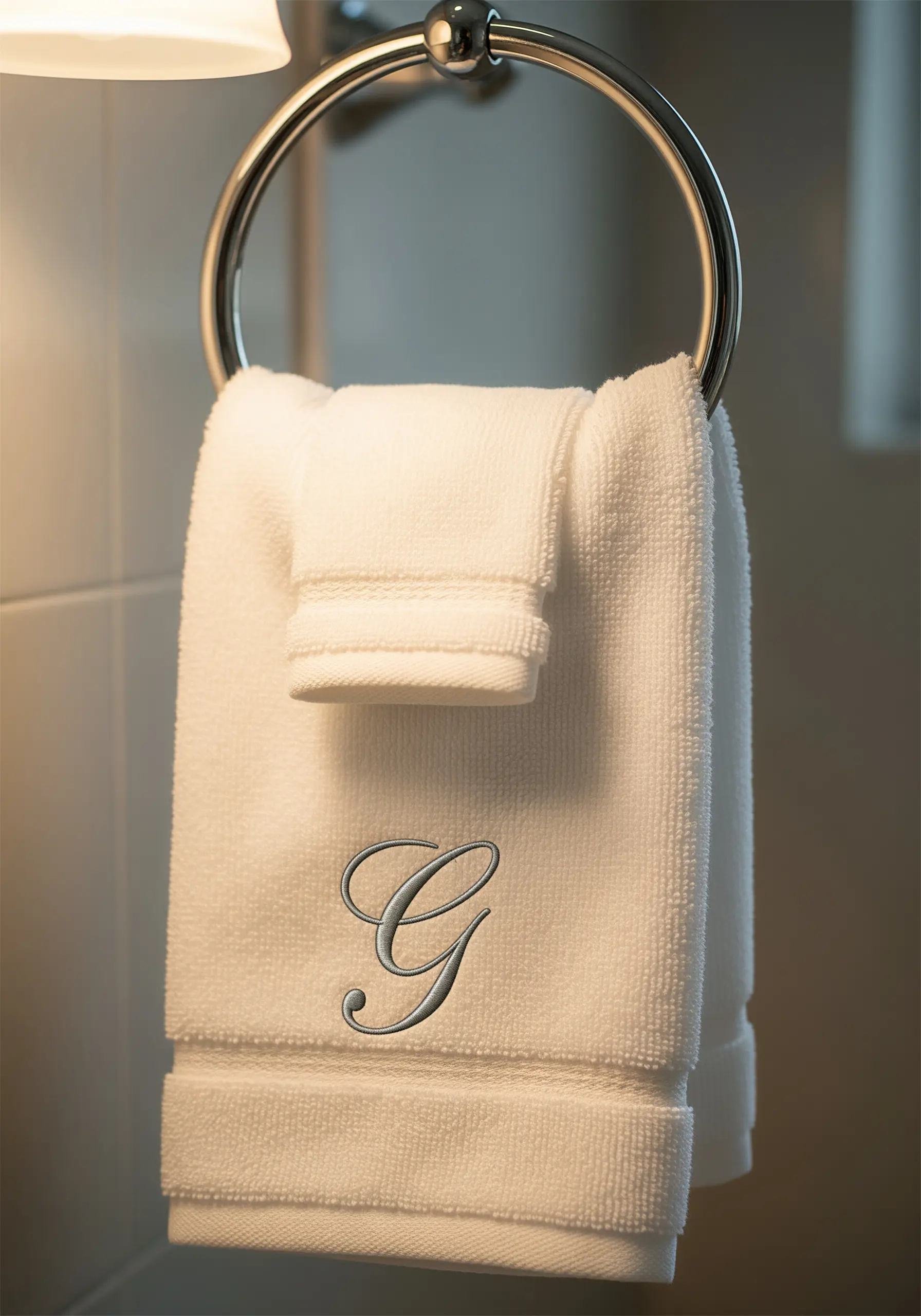 A white hand towel with a classic, elegant silver embroidered 'G' monogram.