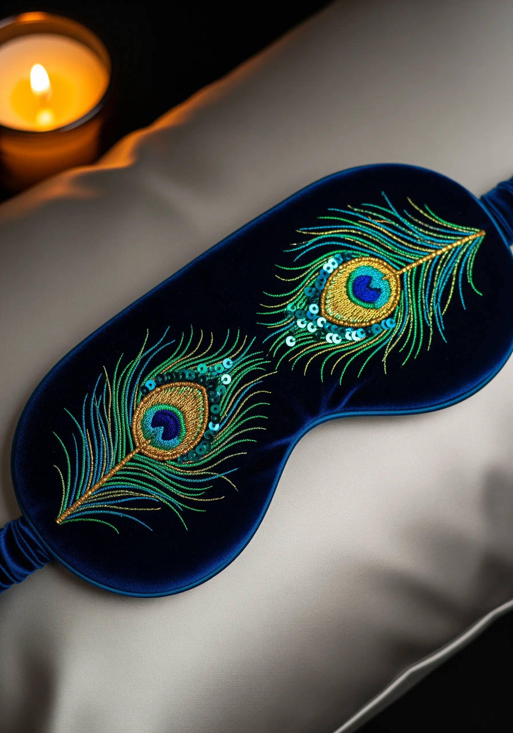 A navy velvet sleep mask embroidered with two intricate peacock feathers with gold and sequins.