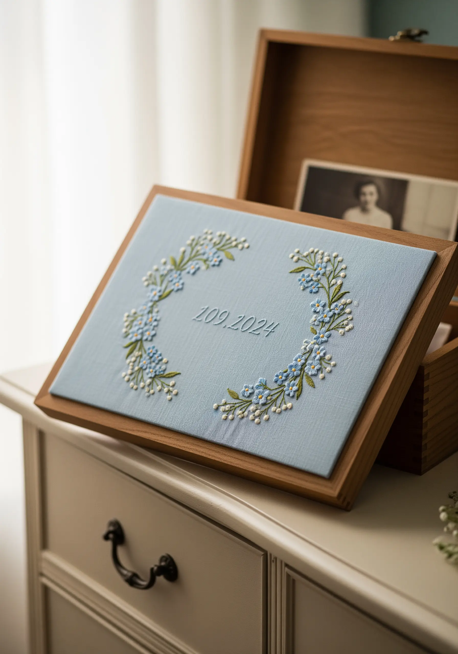 The lid of a wooden box, covered in blue fabric with an embroidered wreath of forget-me-nots.
