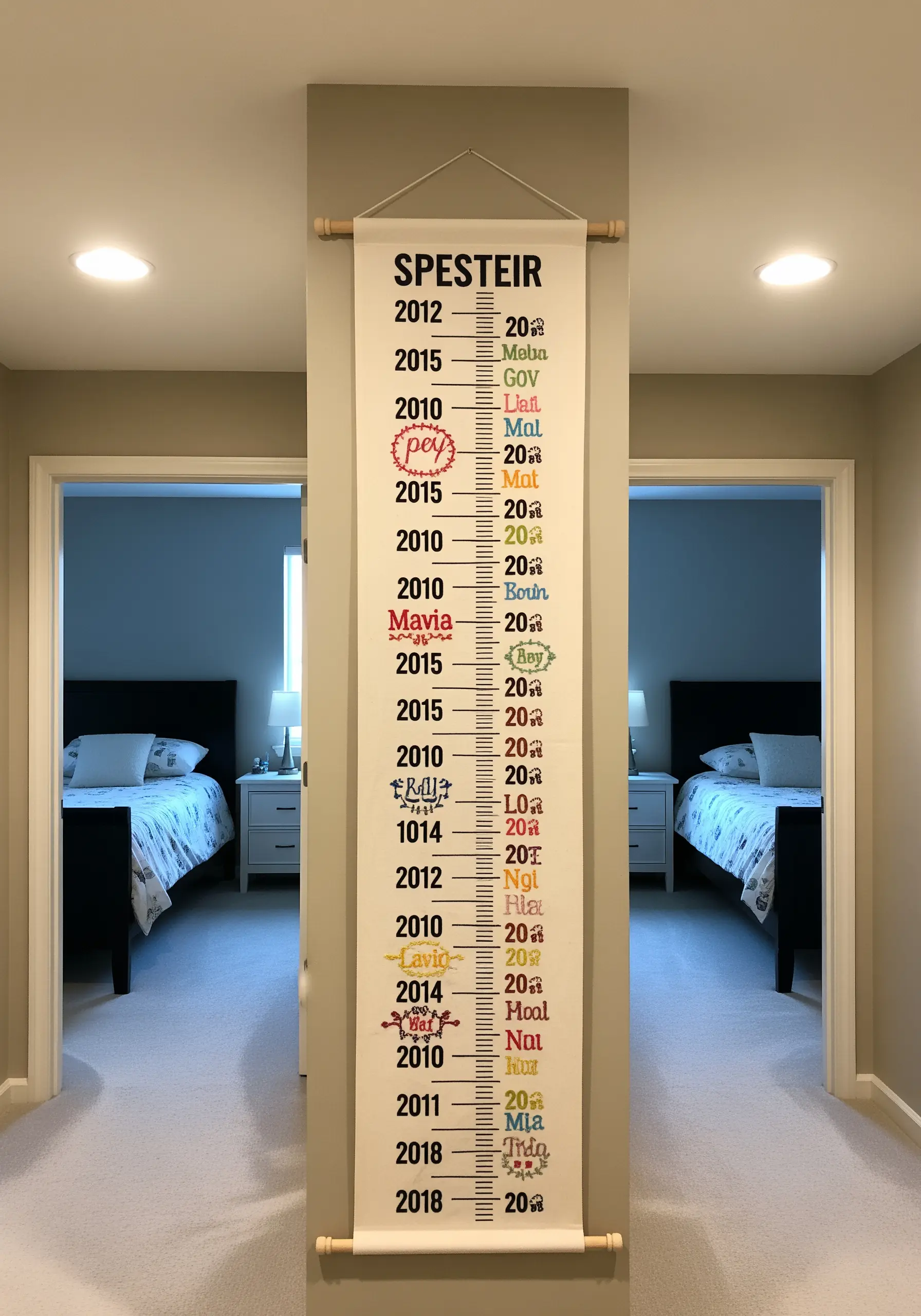 A hanging fabric growth chart with embroidered names and dates marking different heights.