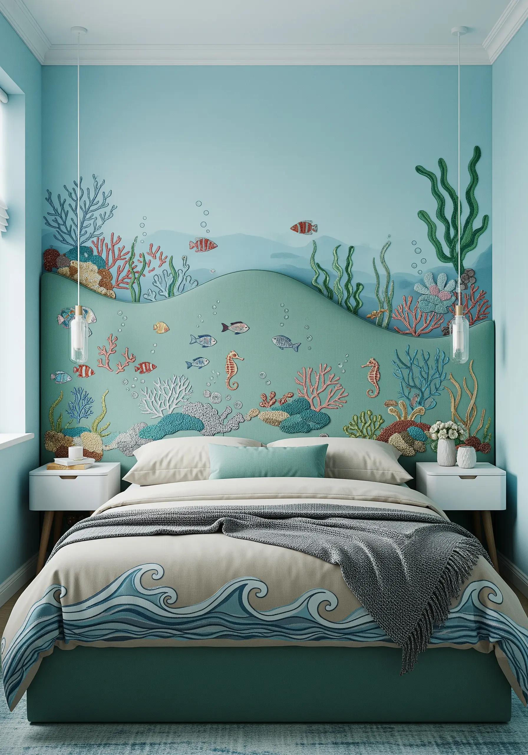 An embroidered underwater scene with coral, fish, and seahorses on a wave-shaped headboard.