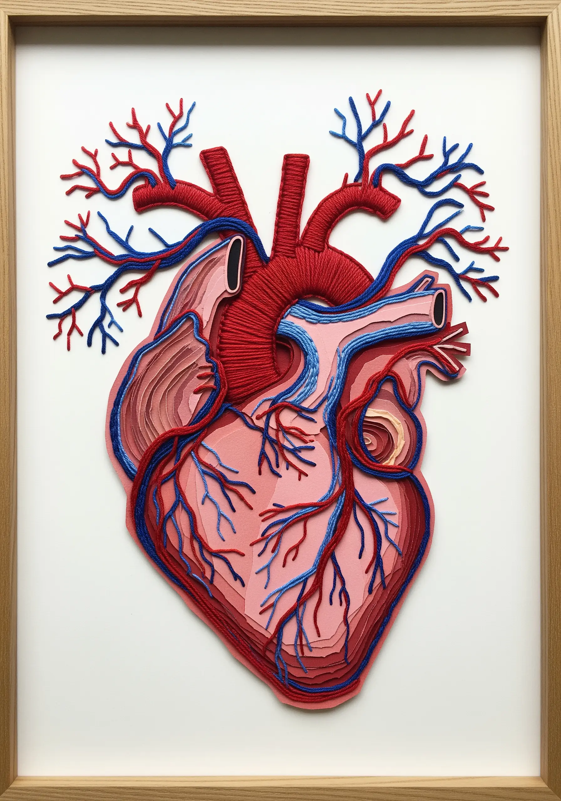 A layered paper art piece of an anatomical heart, inspiring padded and raised embroidery.