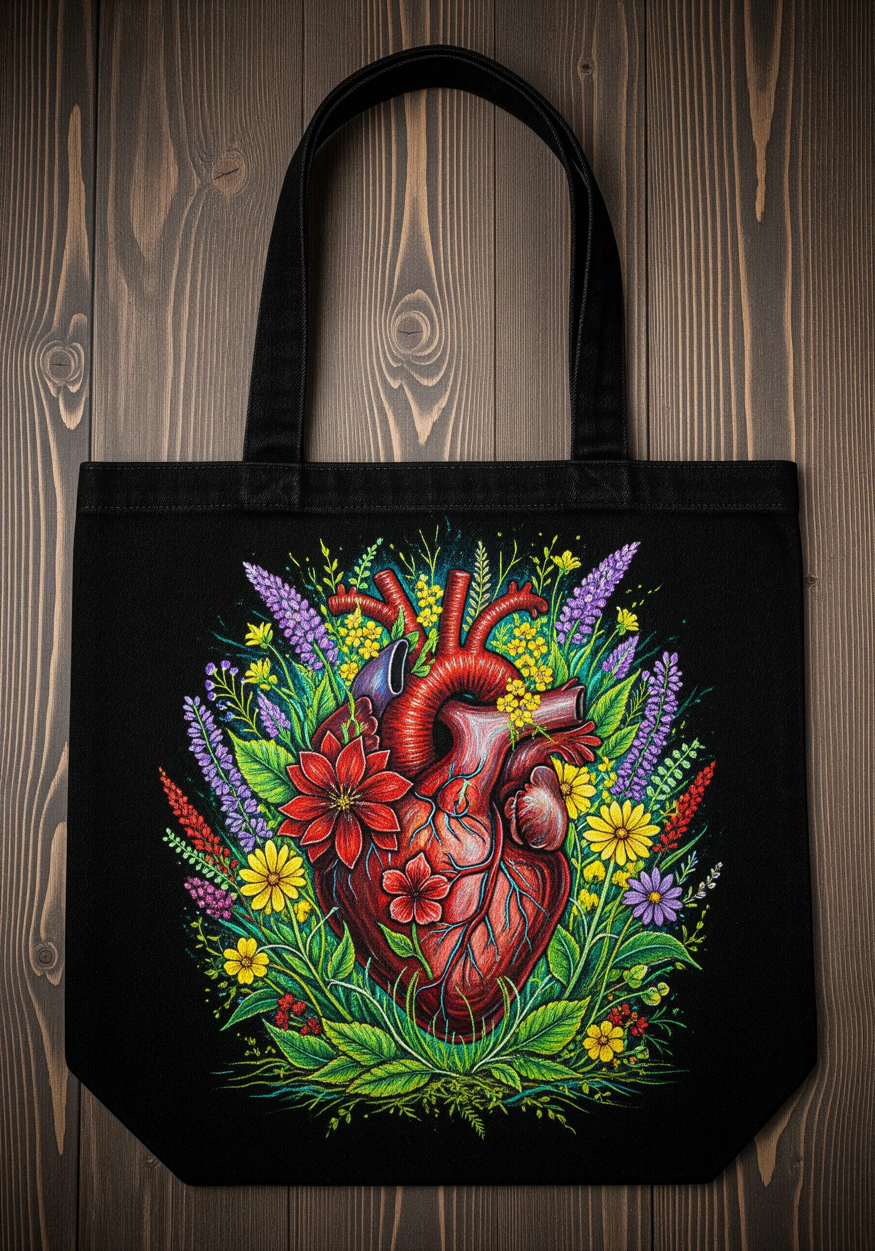 Anatomical heart surrounded by colorful embroidered flowers and leaves on a black tote bag.