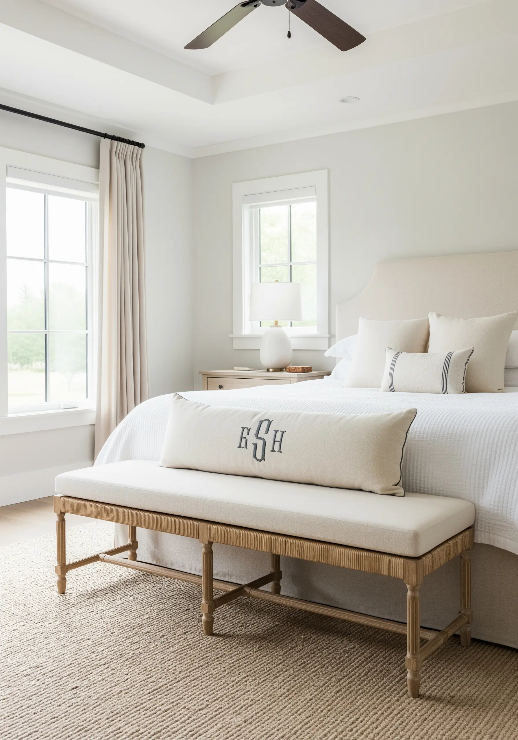 A long lumbar pillow with a dark, classic monogram, placed on a bench at the foot of a bed.