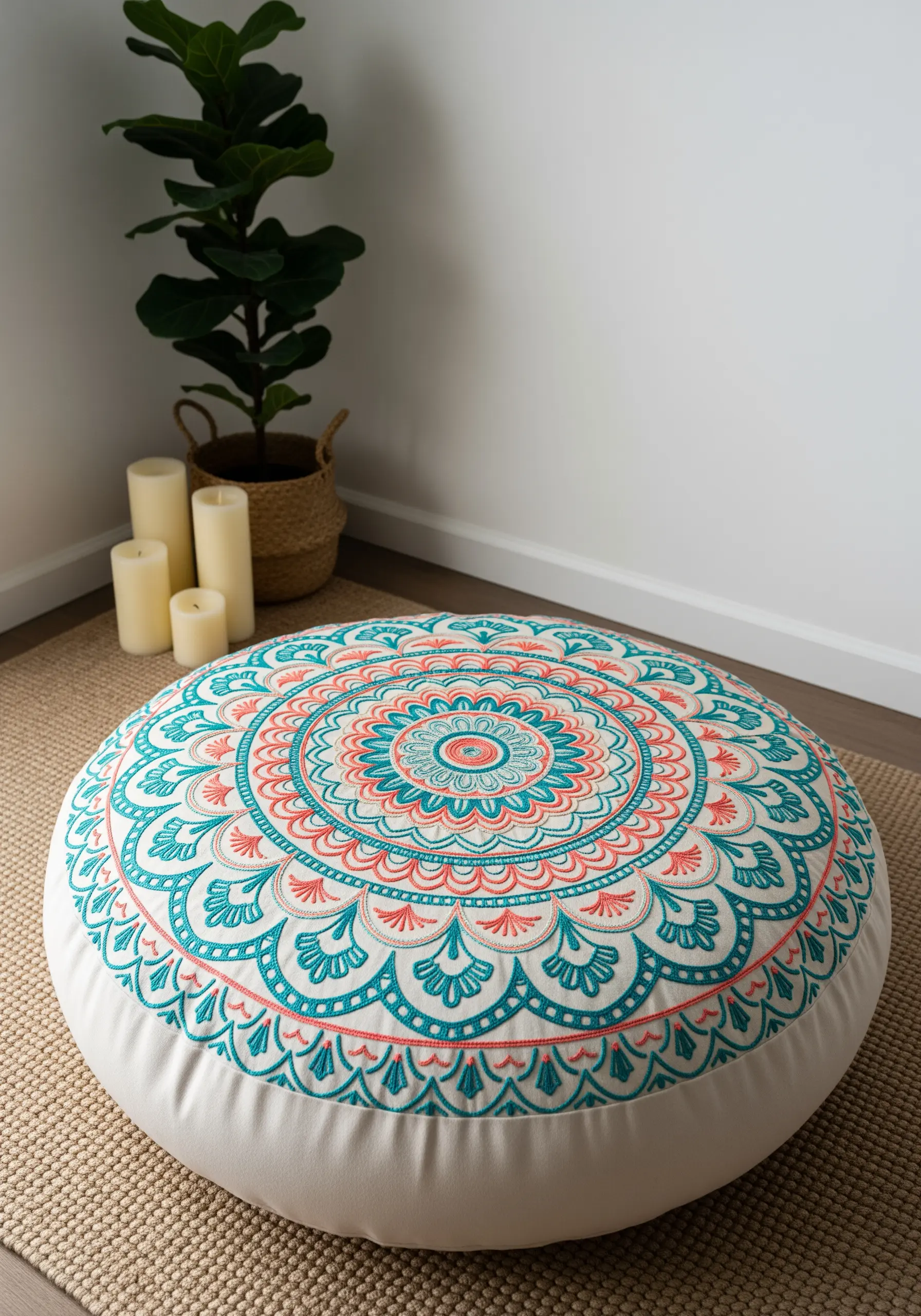 A large, round floor cushion with an intricate teal and coral embroidered mandala pattern.