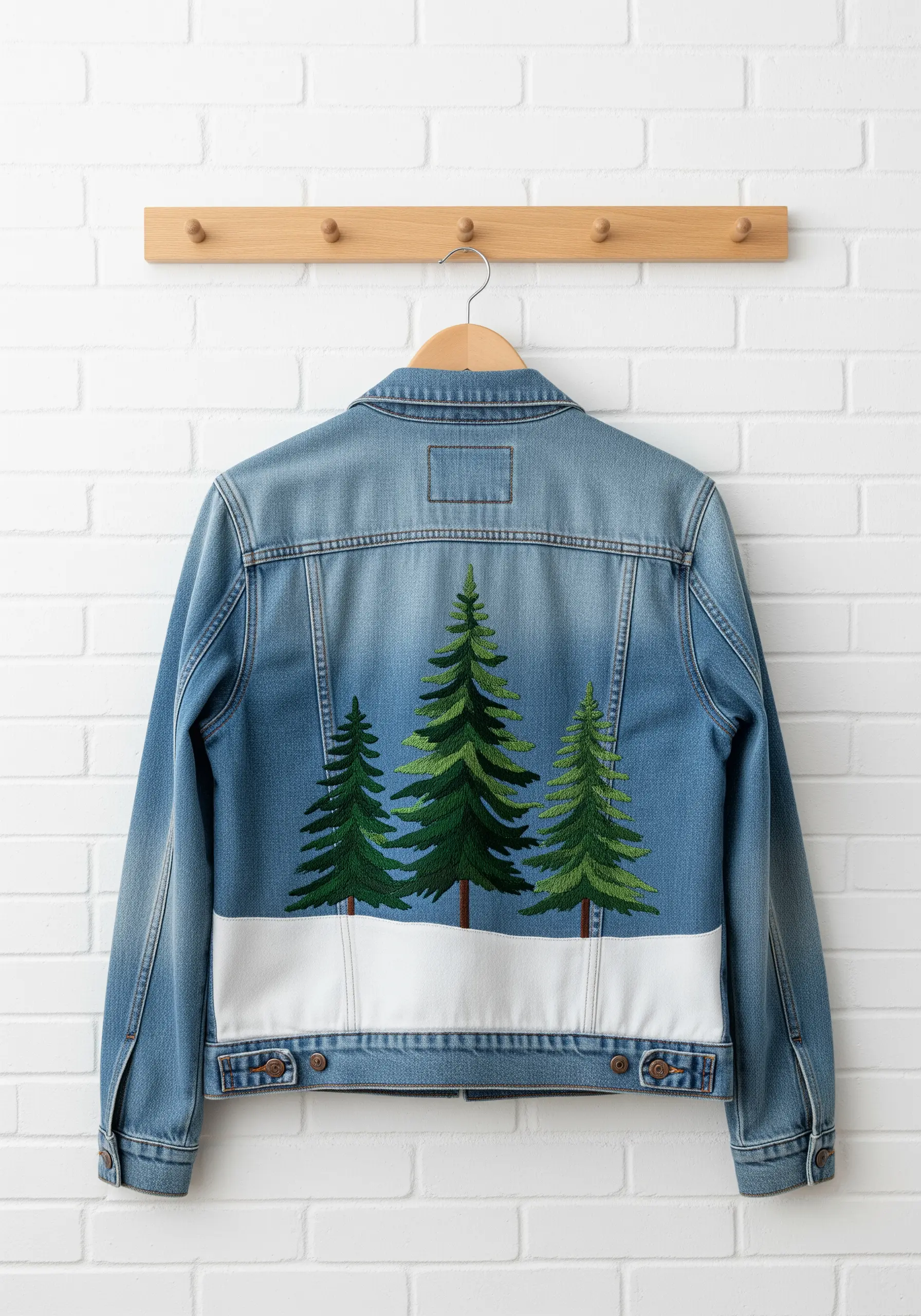 Three large evergreen trees with blended green threads embroidered on a denim jacket's back panel.