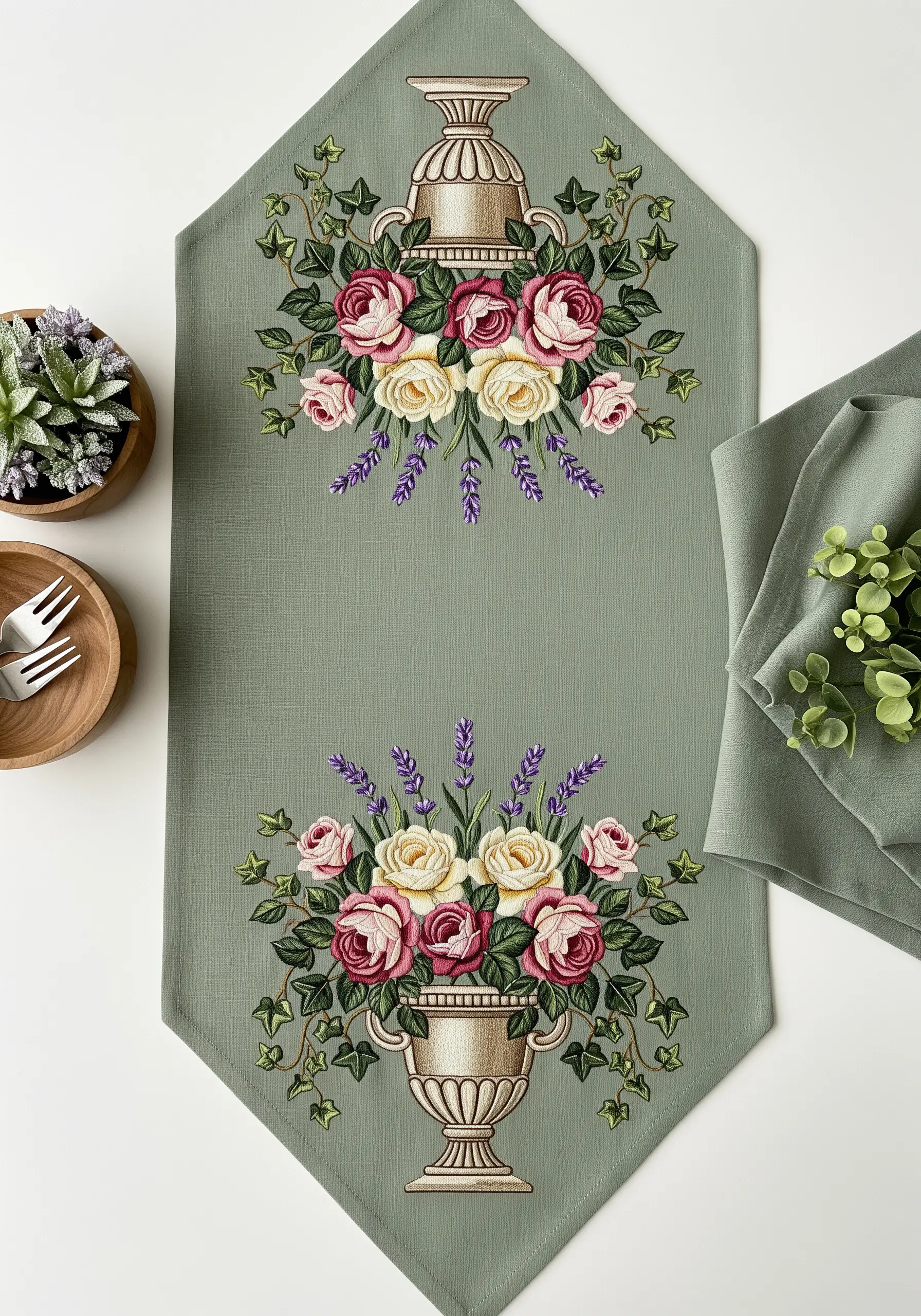 A sage green table runner with a symmetrical design of floral bouquets in classical urns.