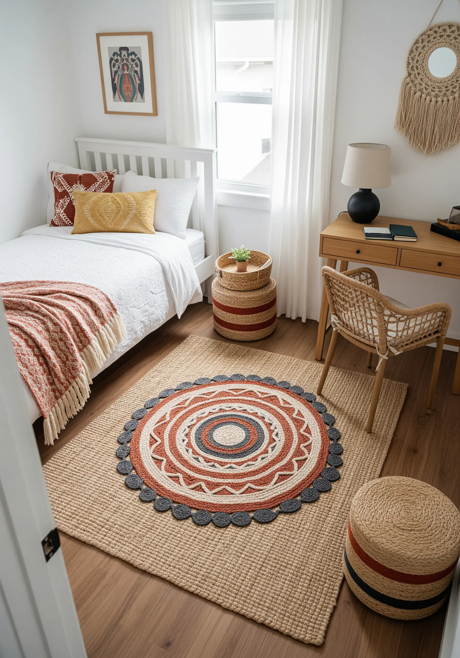 A circular jute rug with an embroidered mandala pattern in the center.