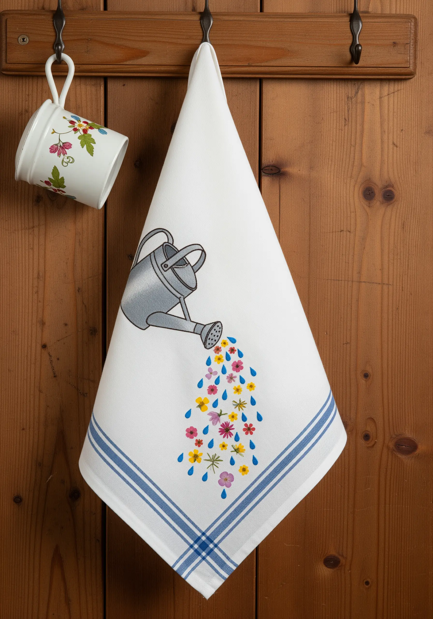 A white kitchen towel with an embroidered watering can pouring out a cascade of colorful flowers.