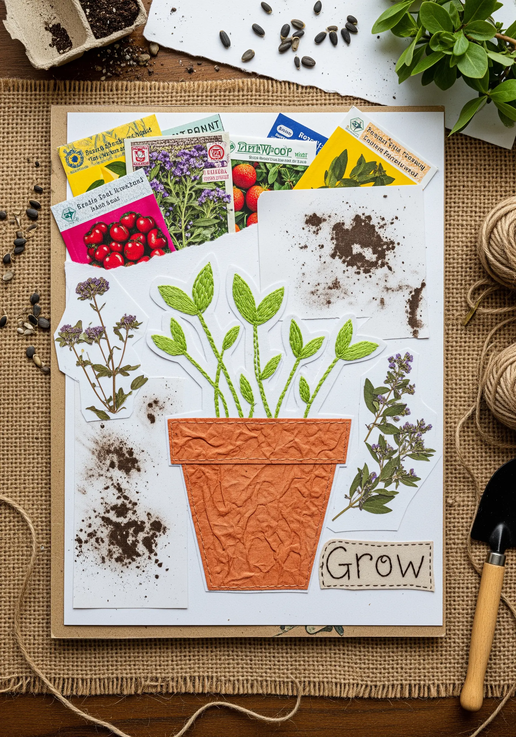 A garden-themed collage with seed packets and a paper plant with leaves detailed with green backstitching.