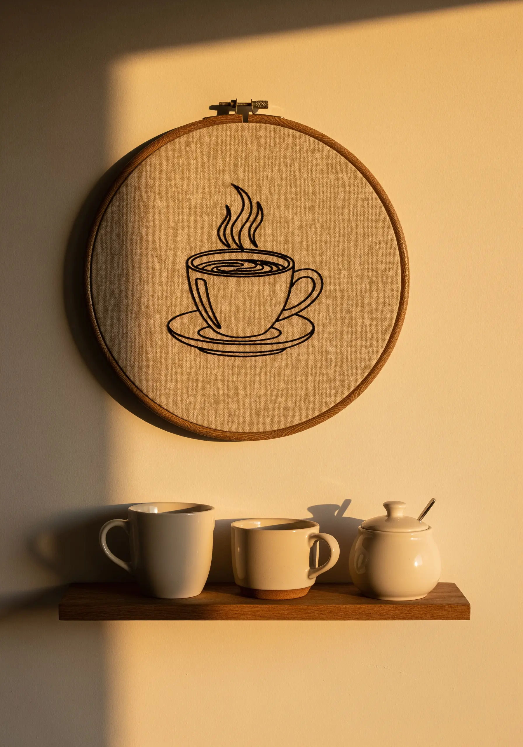 Line-art embroidery of a steaming coffee cup in a wooden hoop.