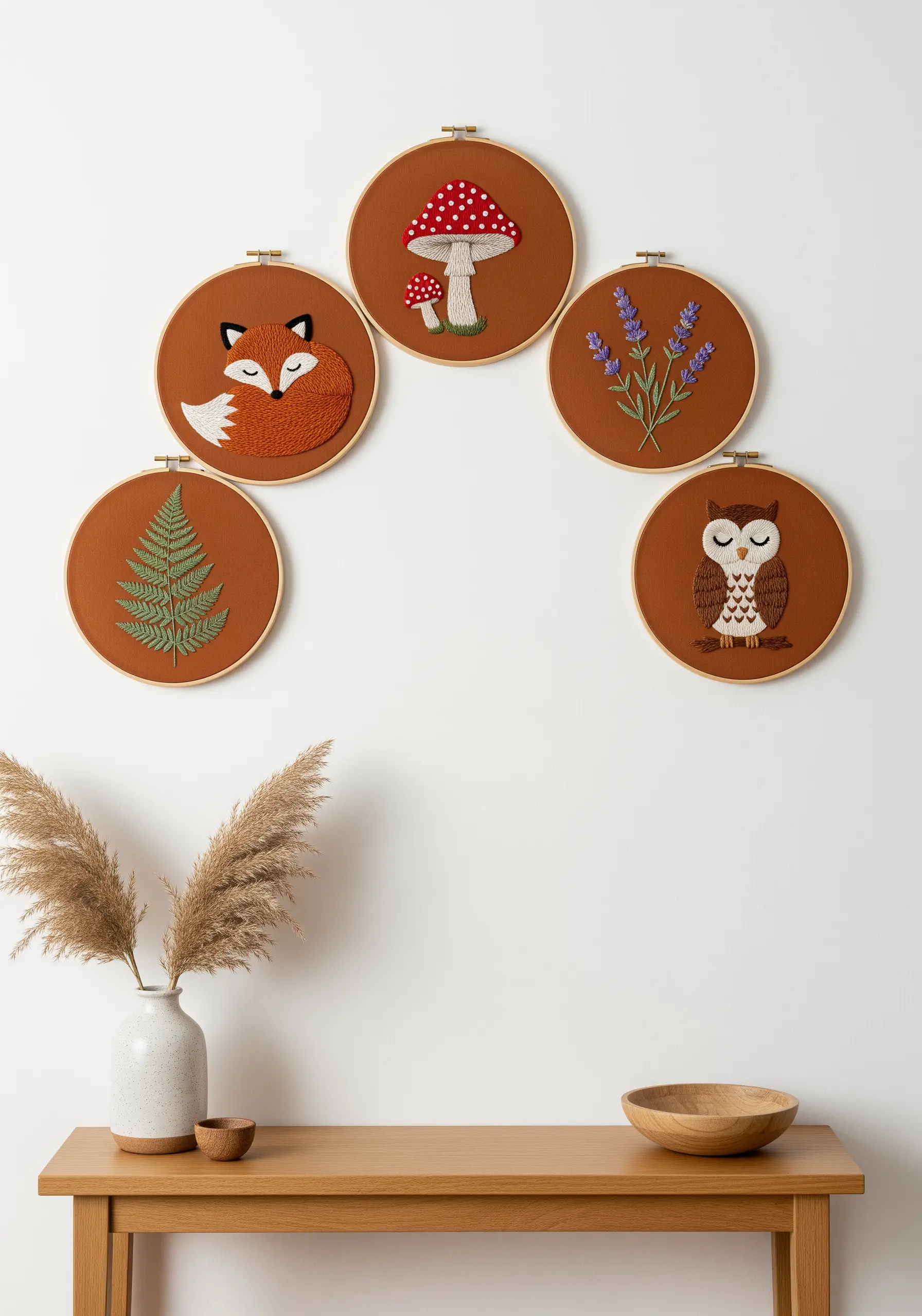 A collection of five embroidery hoops on a rust-colored fabric featuring a fox, owl, and fern.