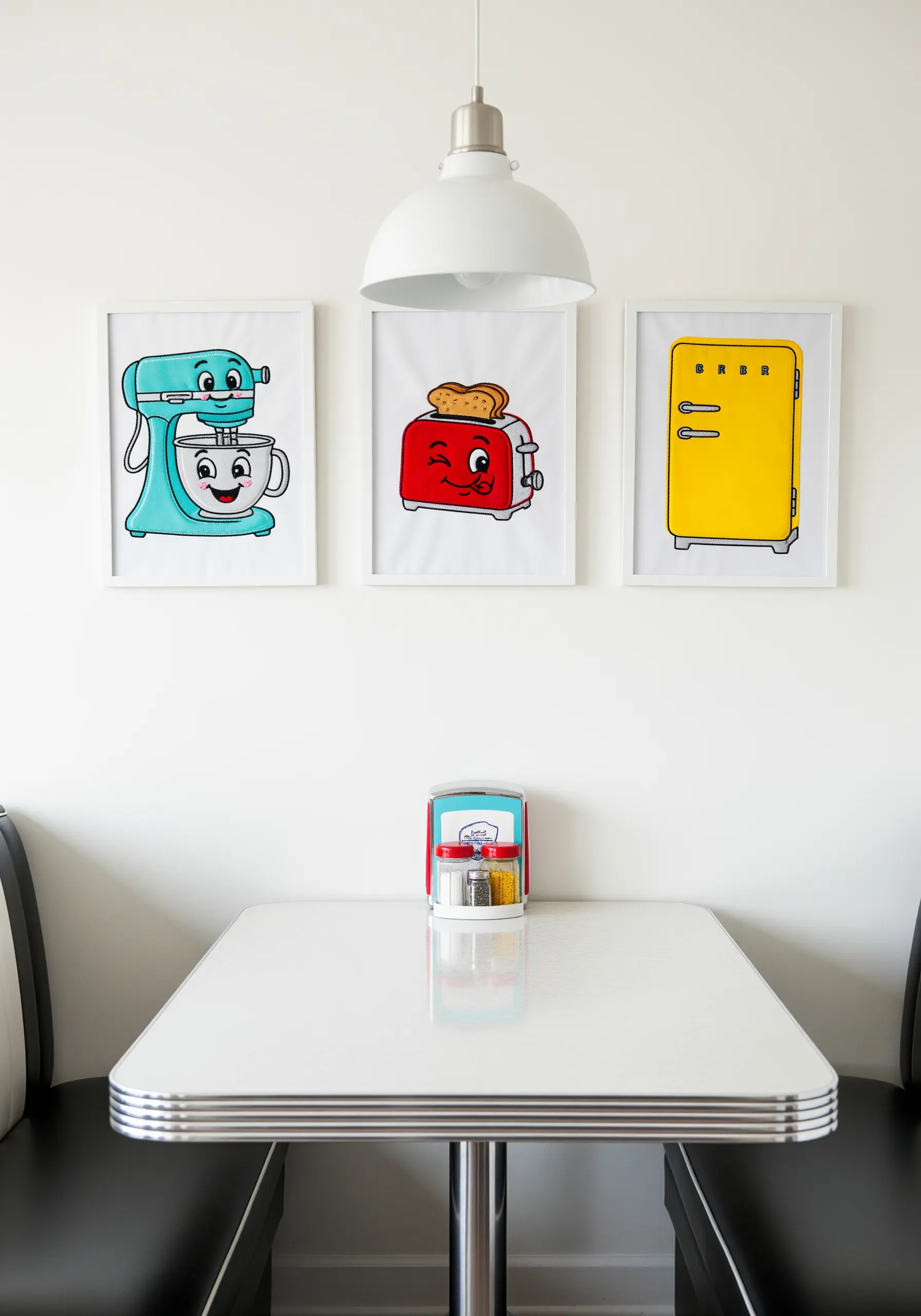 Three framed cartoon embroideries of a mixer, a toaster, and a coffee pot with happy faces.