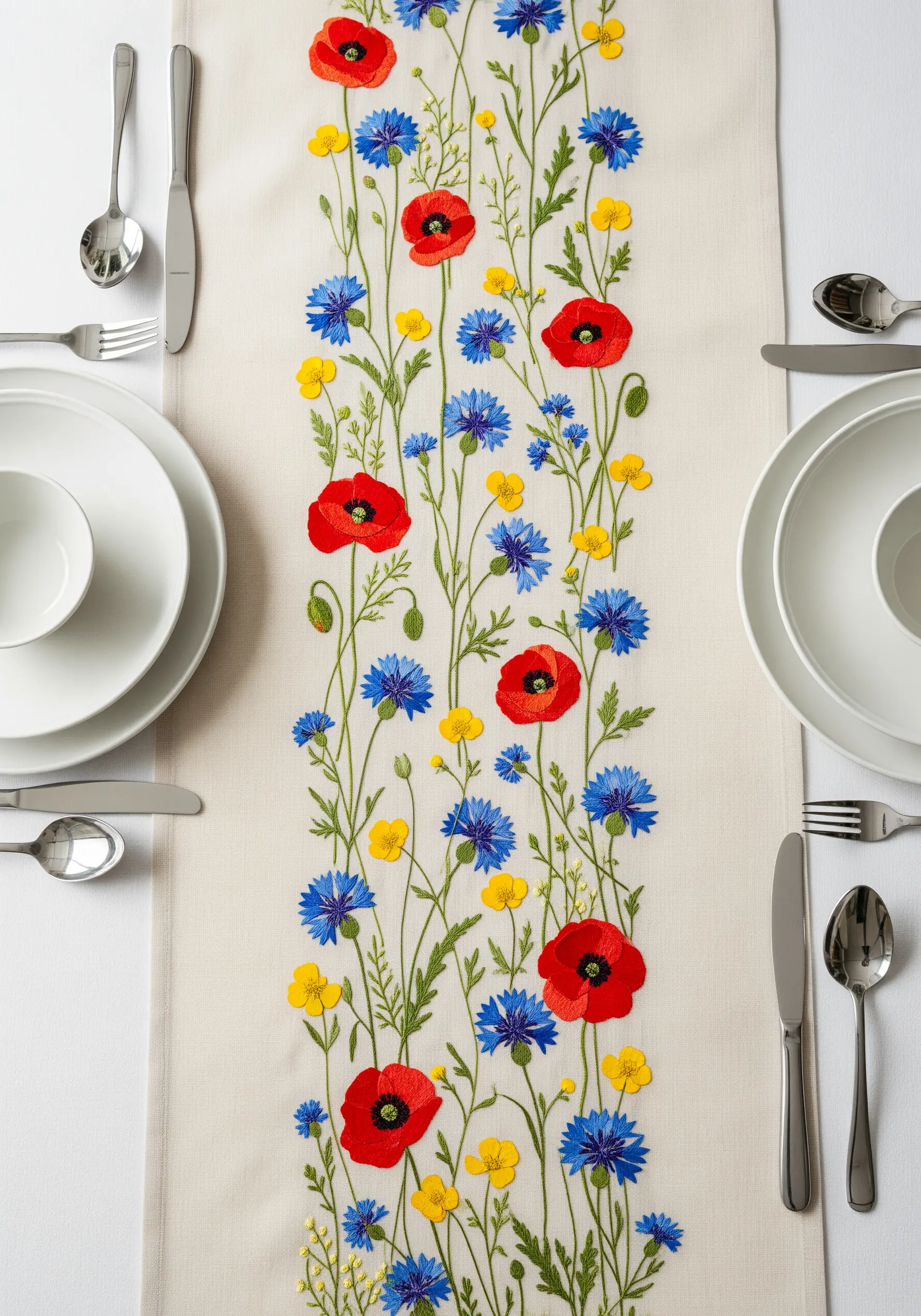 Embroidered table runner with a vibrant meadow of poppies, cornflowers, and buttercups.