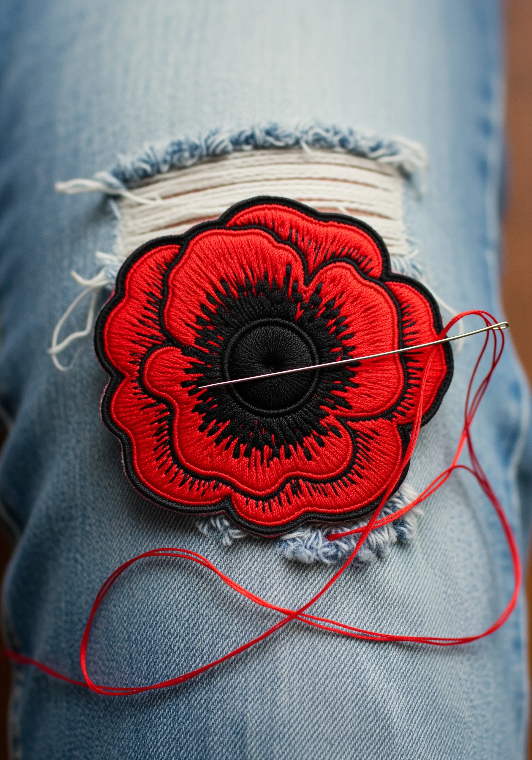 A bright red and black poppy patch being stitched onto the knee of ripped blue jeans.
