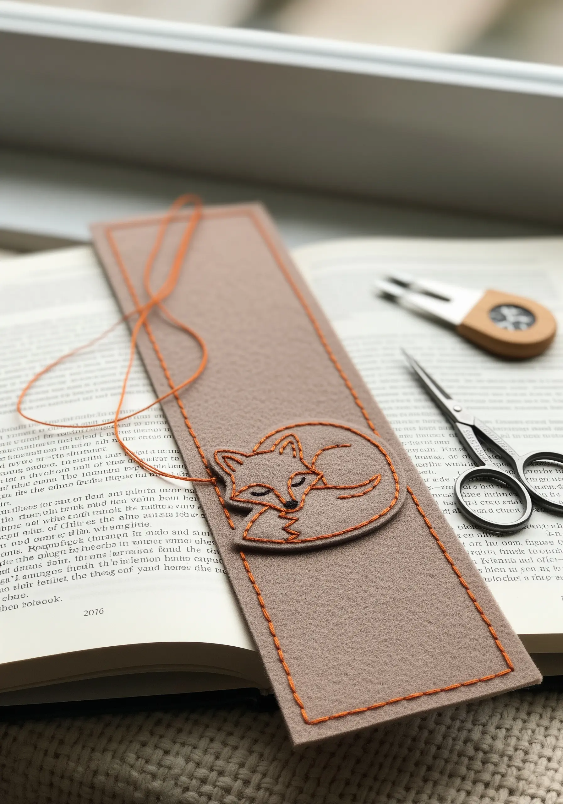 A sleeping fox outlined in orange thread on a felt appliqué bookmark.
