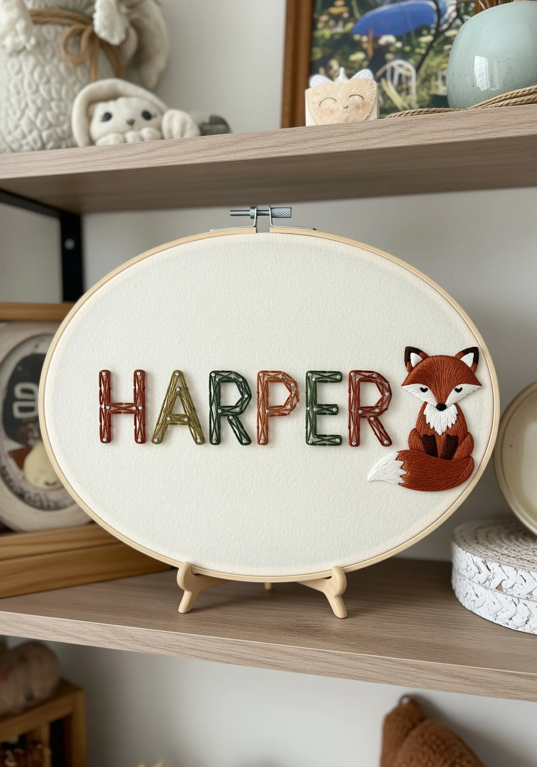 Embroidered name in earthy tones next to a small, thread-painted fox.