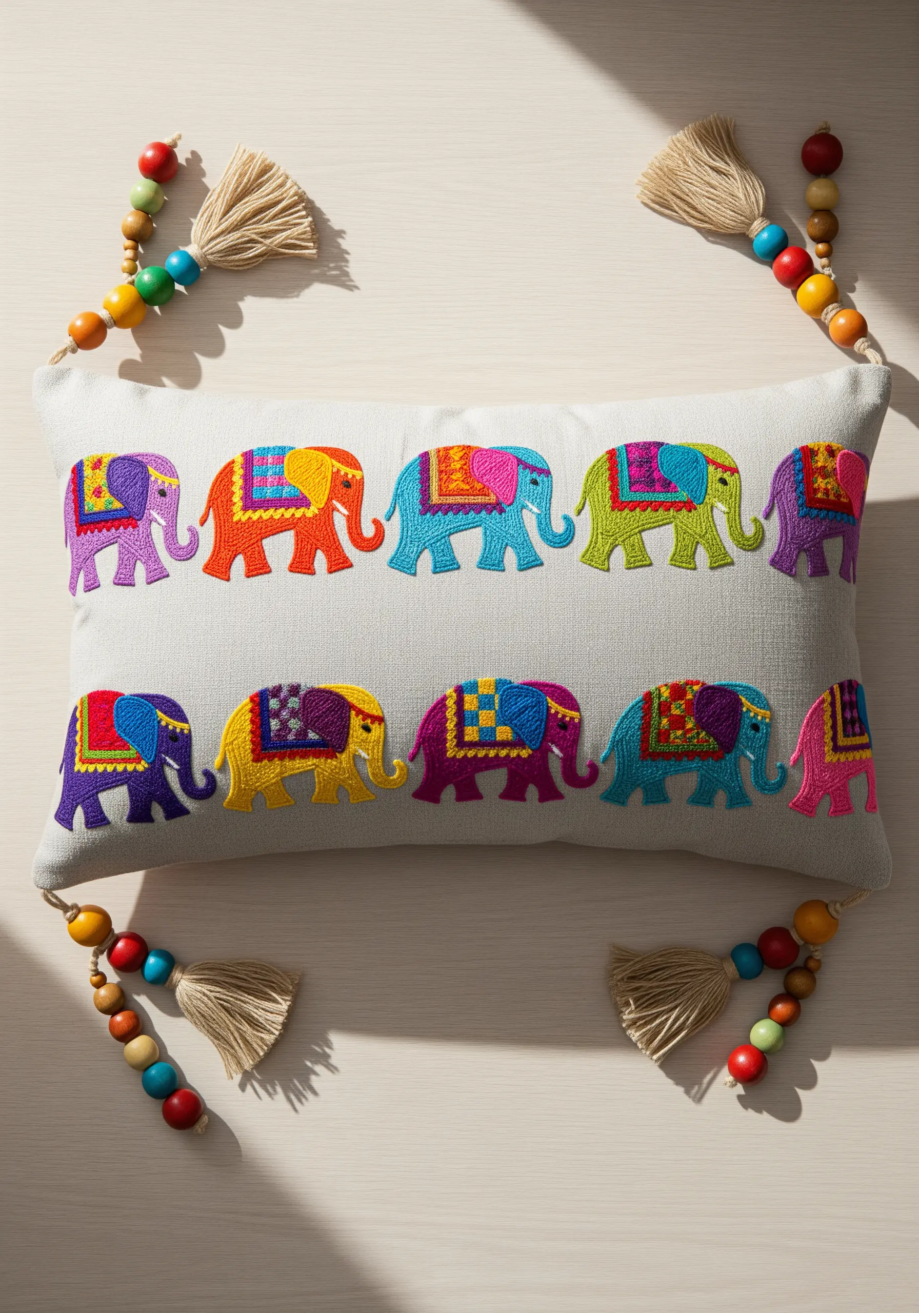 A parade of colorful appliqué elephants with embroidered details and beaded tassels.