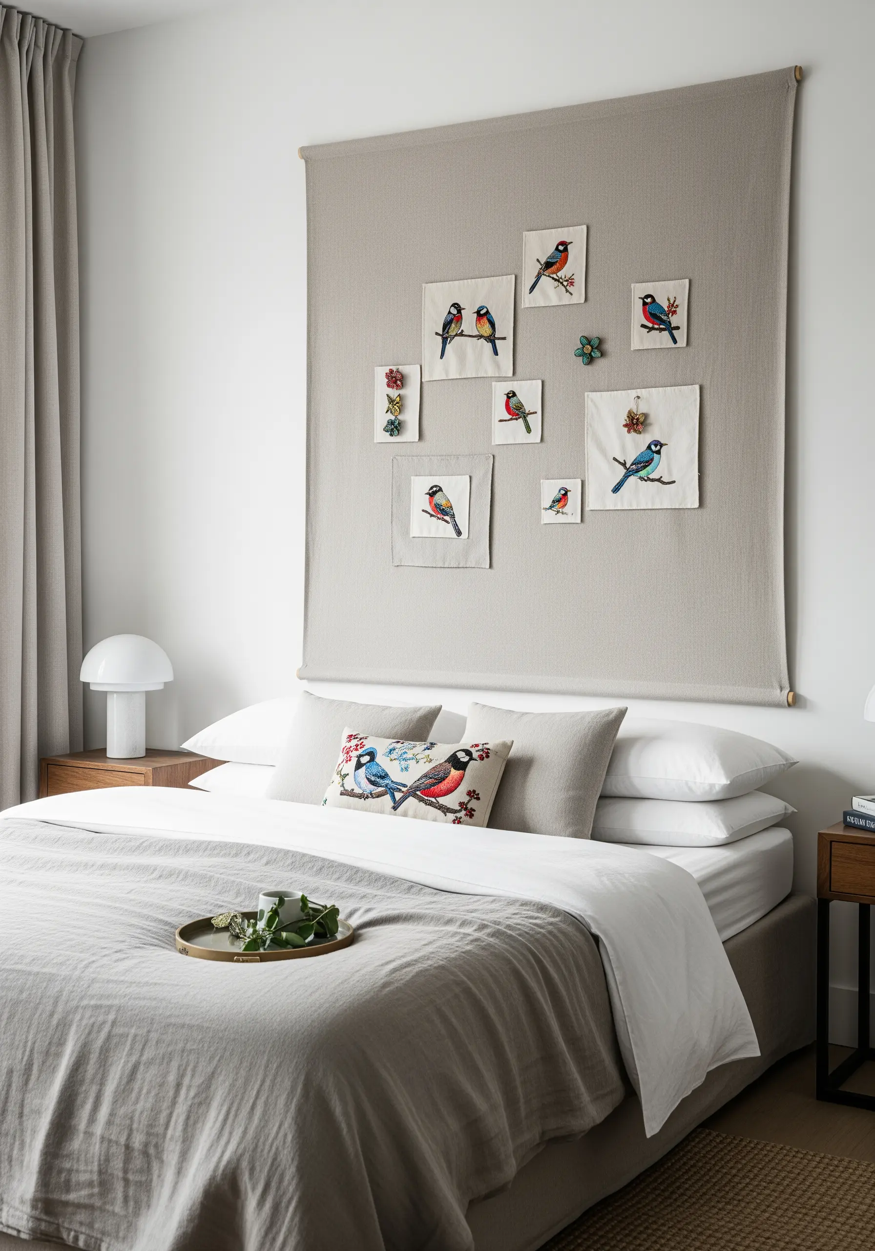 Beige fabric banner with felt bird appliqué and embroidery details