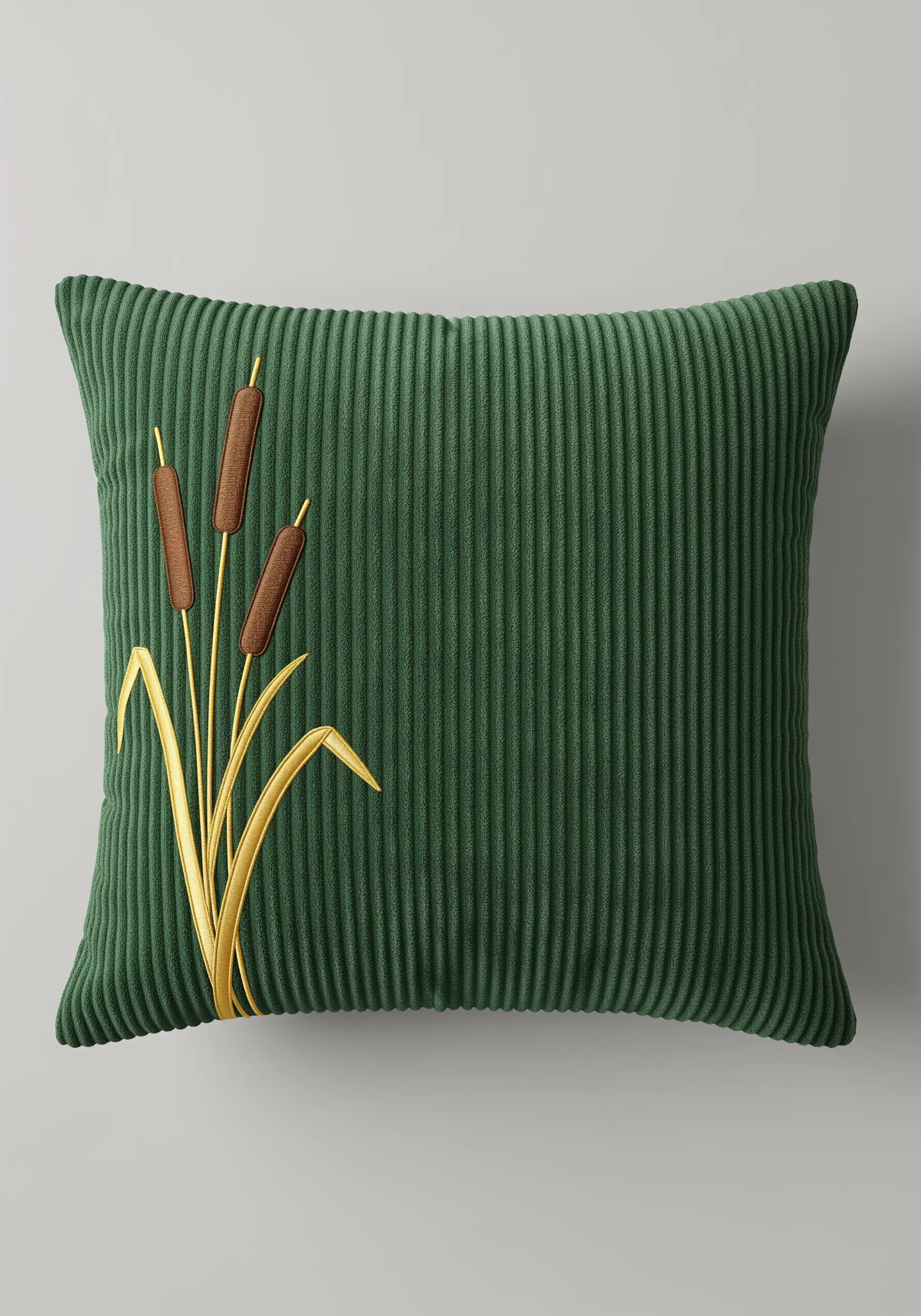 Cattail motif using gold appliqué leaves and brown thread on corduroy.