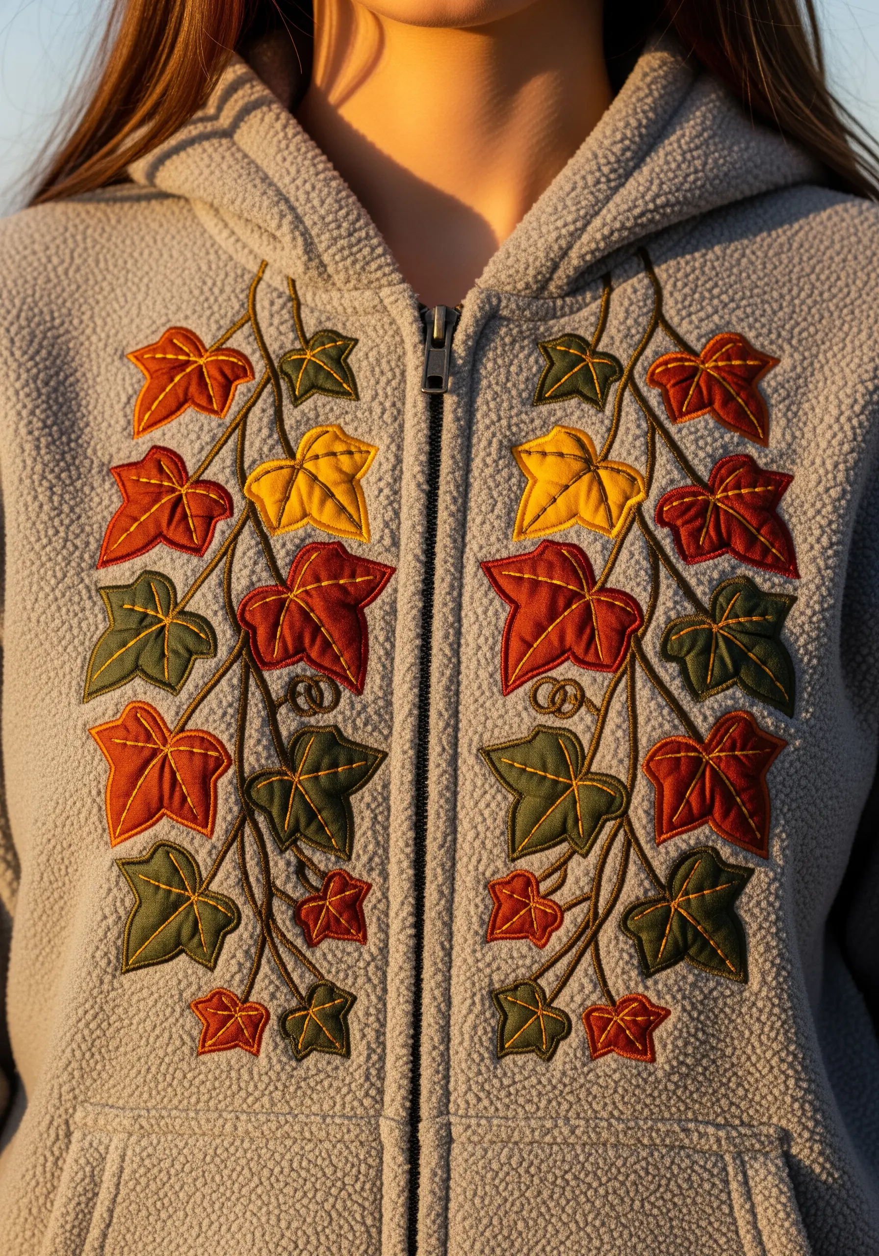Autumn-colored ivy leaves with bold outlines embroidered on a grey fleece zip-up hoodie.