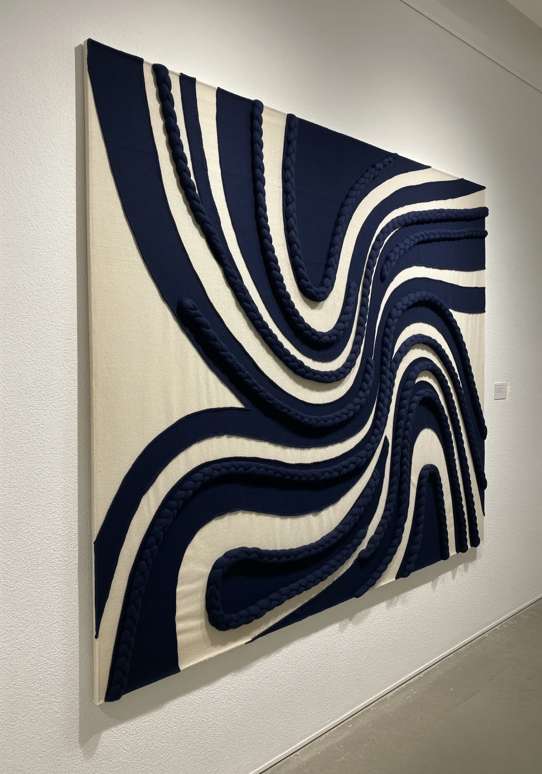 Large-scale navy blue braided cording appliquéd onto a white canvas wall hanging.