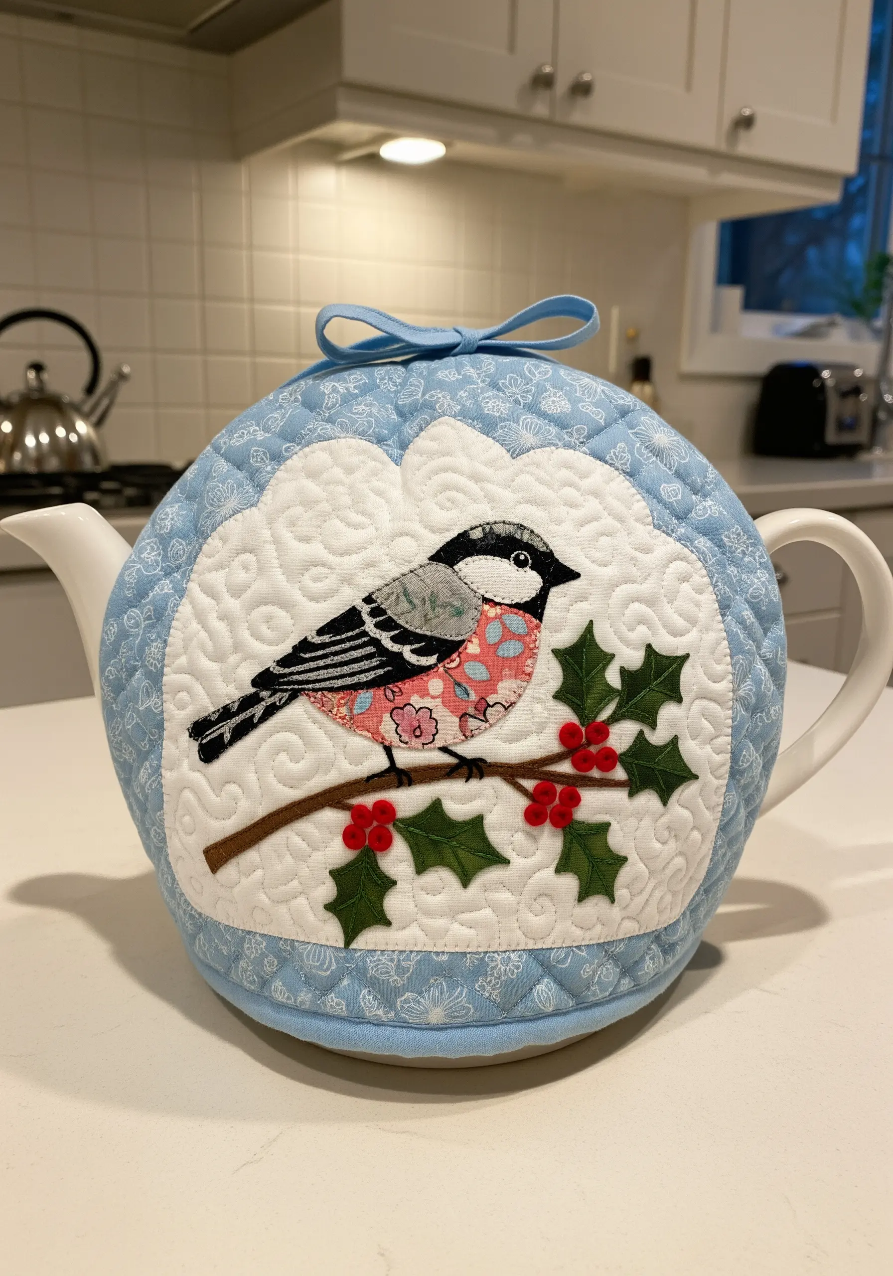 A quilted tea cozy featuring an appliqué bird with embroidered details.