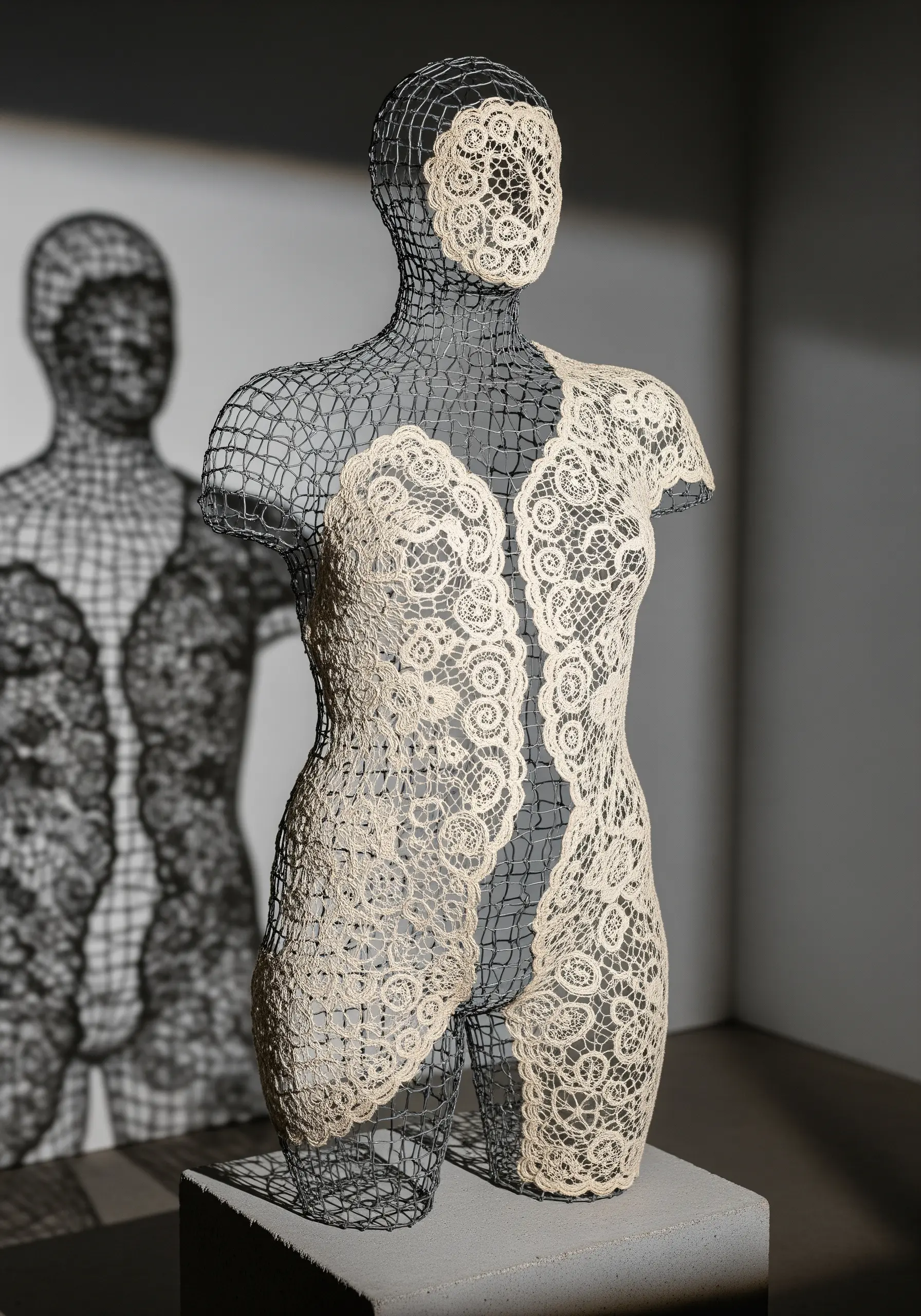 A wire mesh sculpture of a female torso, with delicate cream-colored lace appliquéd onto its surface.