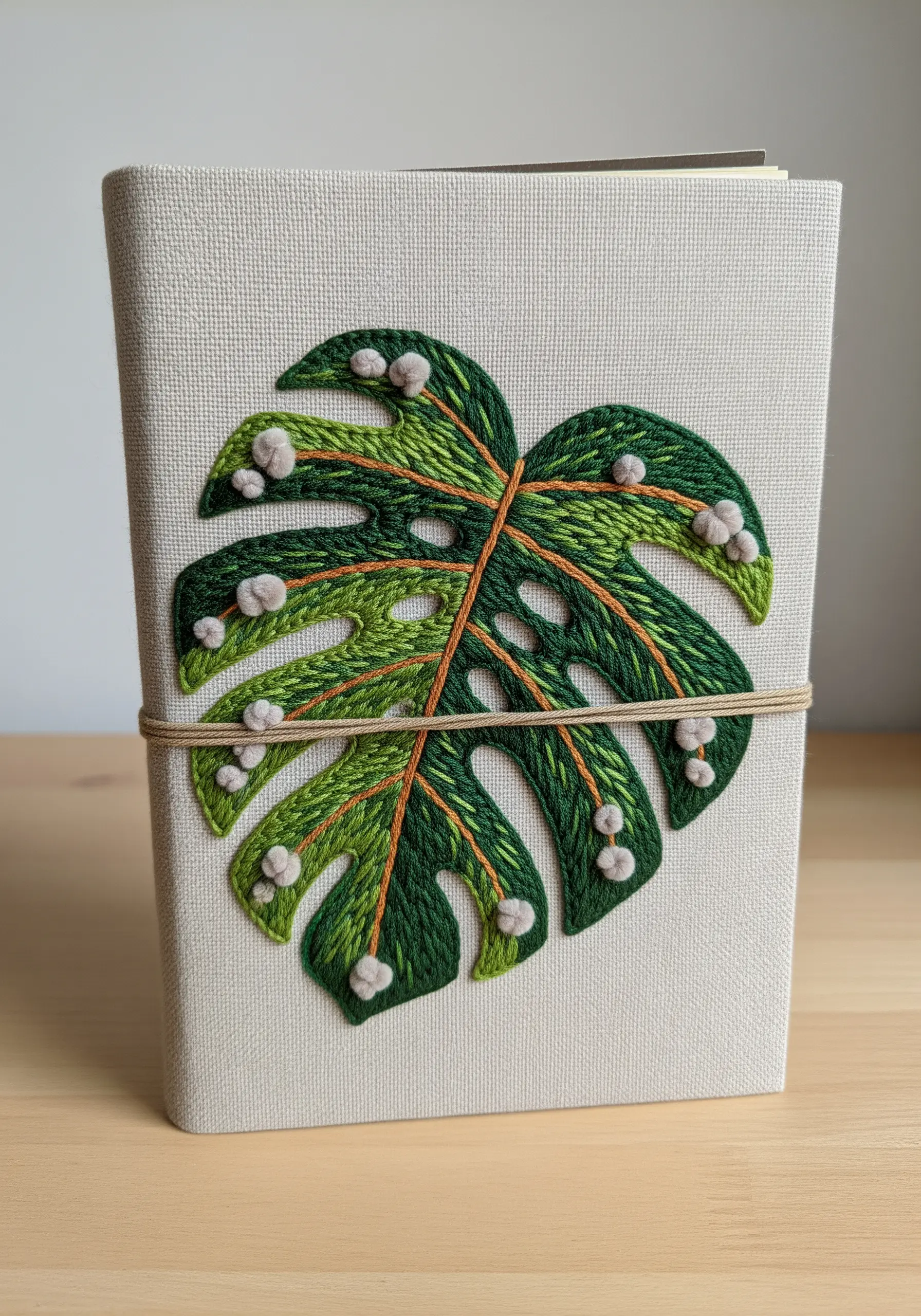 Fabric journal cover with a large, embroidered monstera leaf using 3D stitches.