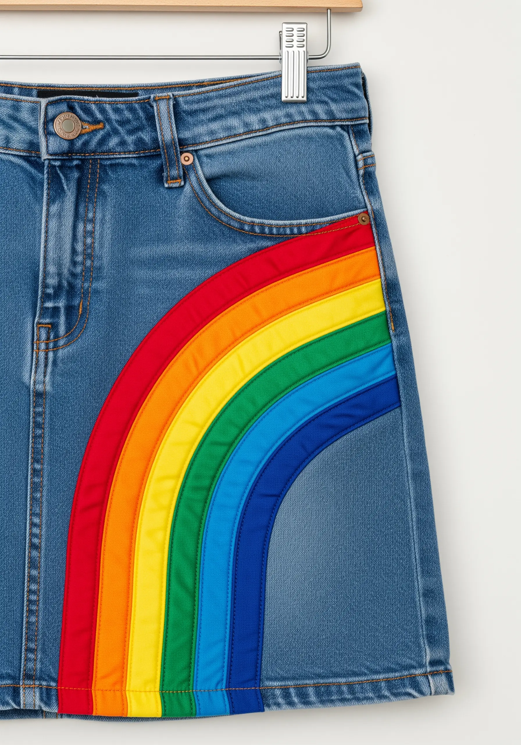 A bold rainbow made from fabric appliqué stitched onto the side of a denim skirt.